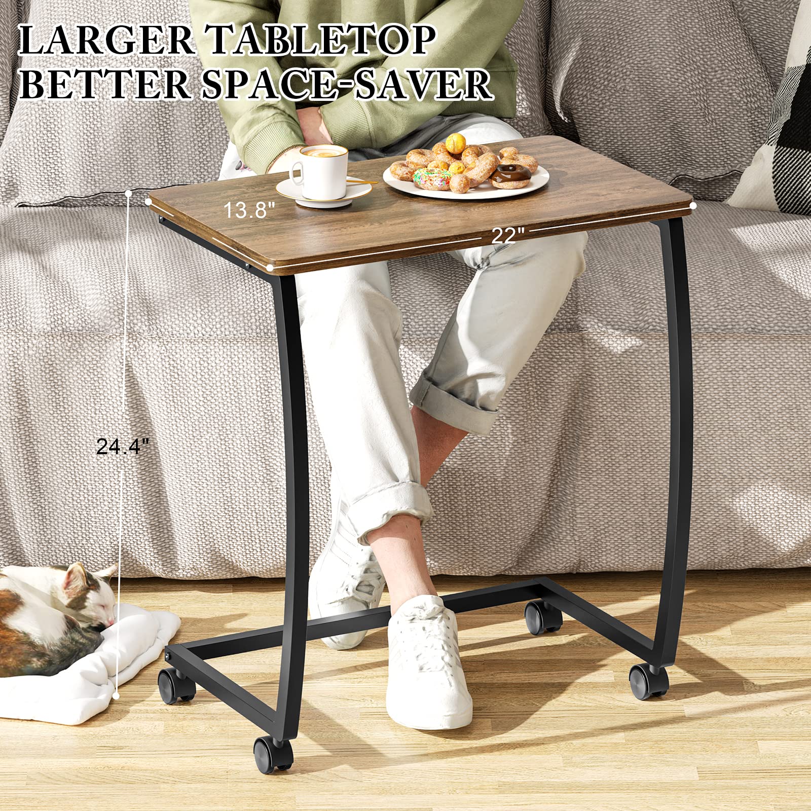 SRIWATANA C-Shaped End Table with Wheels - Rustic Sofa Side Table for Living Room, Bedroom, Office - Dark Walnut Rolling Coffee Table for Laptop, Snacks & Drinks - Perfect for Small Spaces & Home Decor
