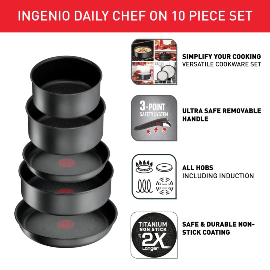 Tefal Ingenio Daily Chef 10-Piece Non-Stick Induction Cookware Set - 22cm & 26cm Frying Pans, 18cm & 20cm Saucepans, 24cm Sauté Pan with Hermetic Lids, Spatula & Removable Bakelite Handles - Perfect for Home Cooking, Meal Prep & Induction Stoves