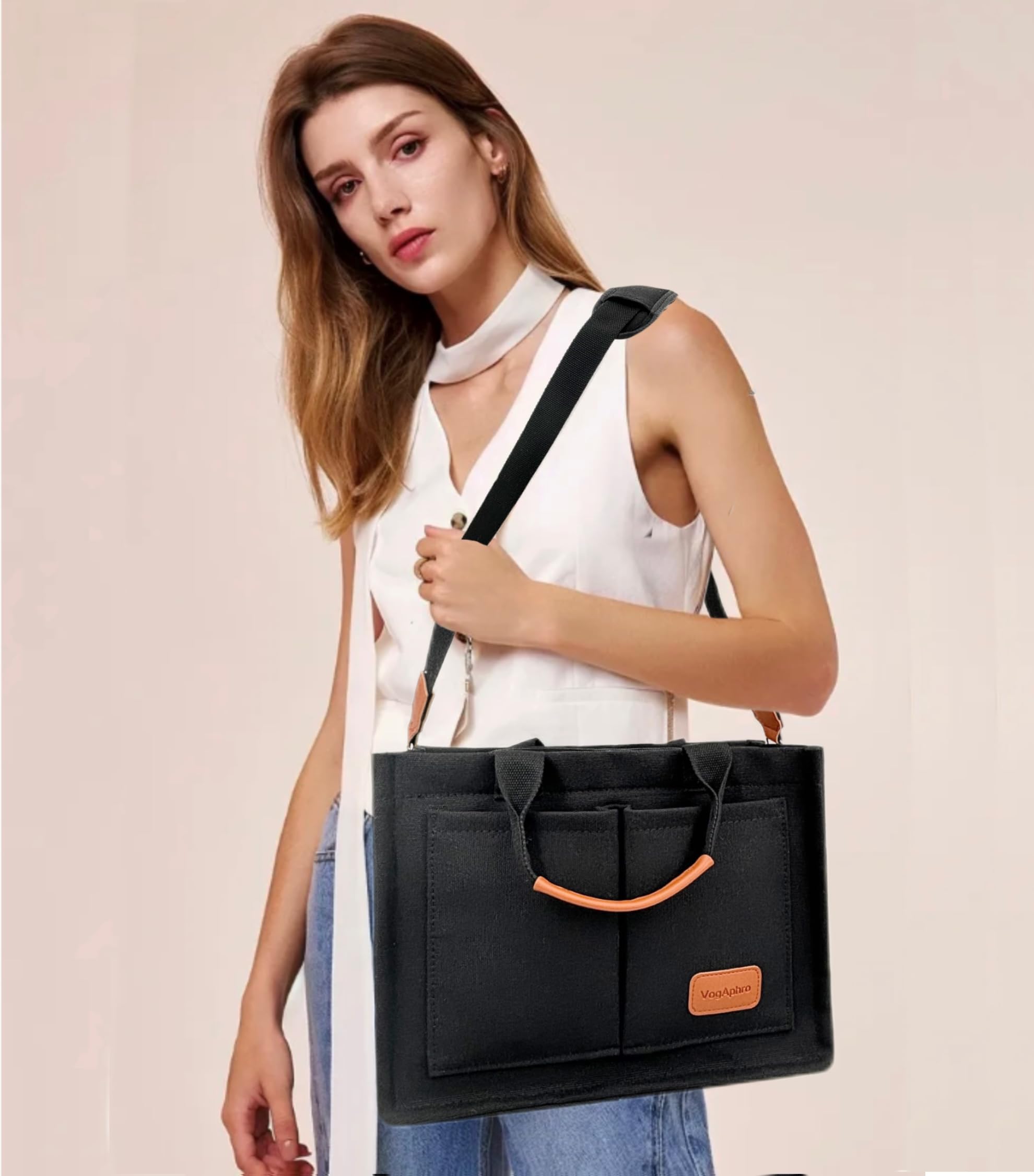 Stylish Large Canvas Tote Bag for Women - Spacious Work Bag with Multiple Pockets, Laptop Compartment & Crossbody Strap - Perfect for Office, Travel & Everyday Use