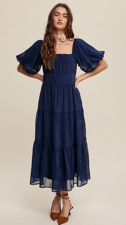 Eloise Puff Sleeve Embroidered Tulle Midi Dress - Elegant Evening Gown for Women in Midnight Blue | Perfect for Weddings, Parties & Special Occasions
