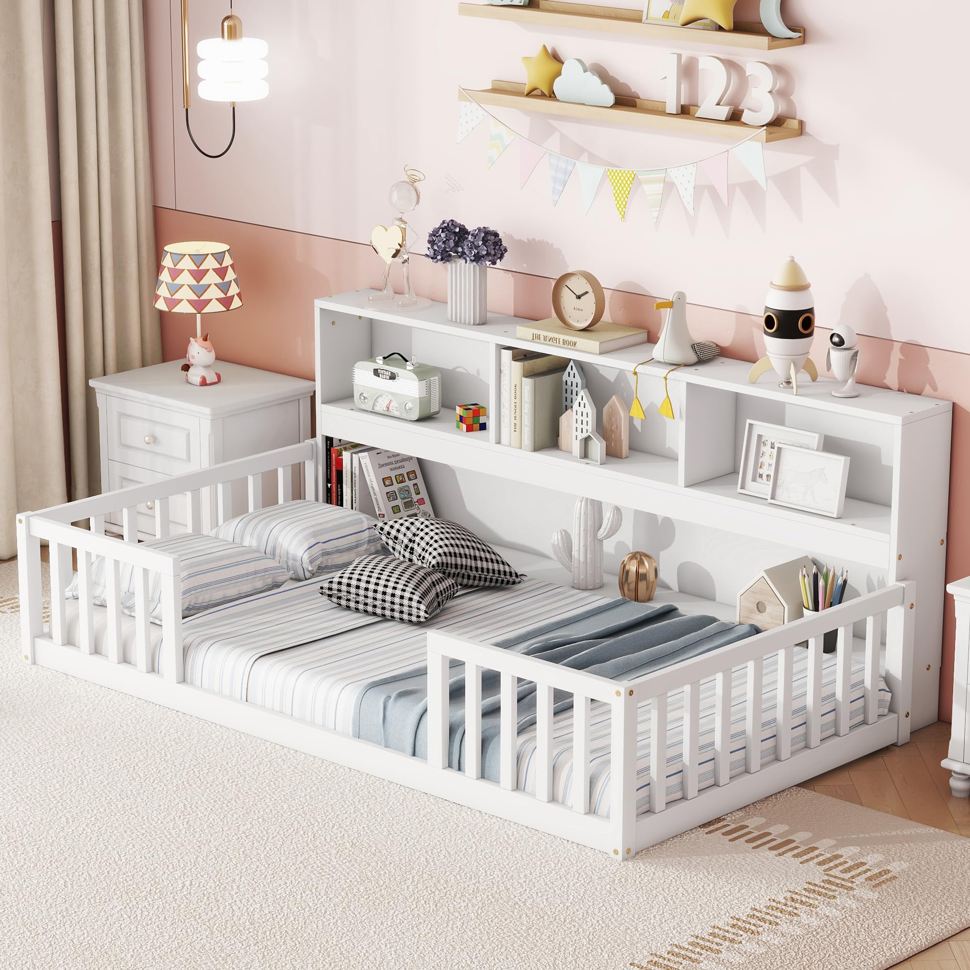 Bellemave Montessori Floor Bed for Kids - Twin Size with Bookcase & Shelves - Sturdy Wooden Bed Frame for Boys & Girls - White - Perfect for Montessori Bedrooms, Playrooms & Cozy Reading Nooks
