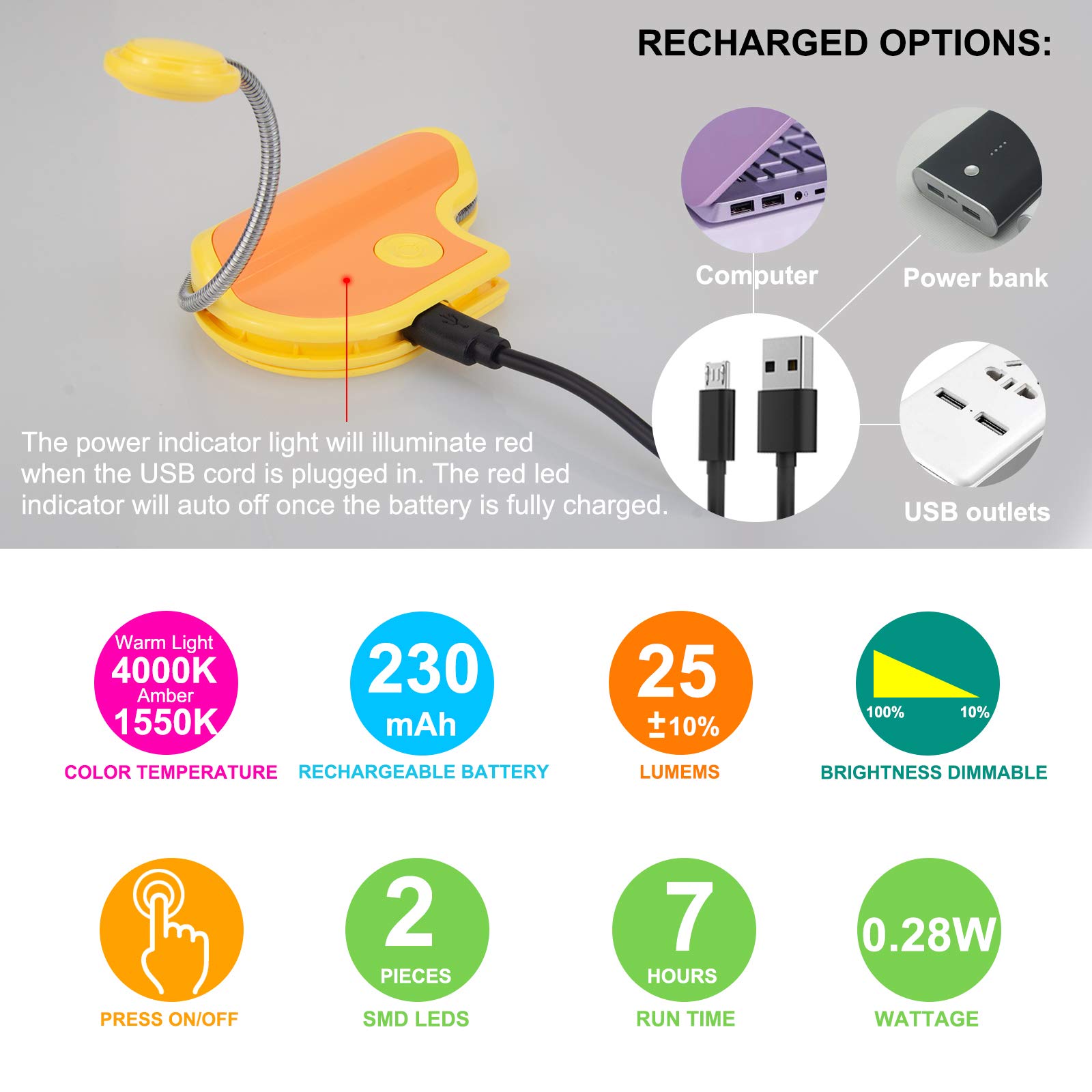 BIGMONAT Rechargeable Book Light for Reading in Bed - Collapsible Amber LED Reading Lamp with 360° Adjustable Neck, Wireless Clip-On Light for Books, Night Reading, Studying, Travel (Yellow, Portable)