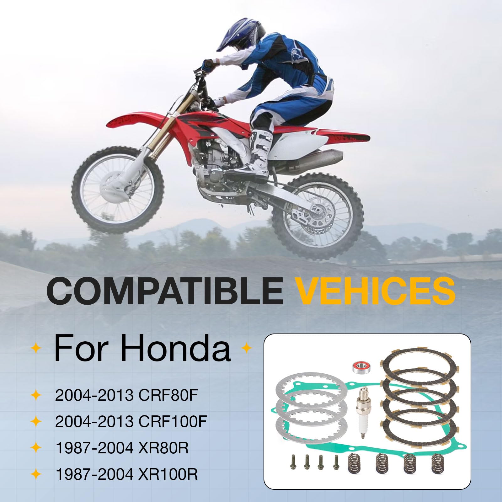 Heavy Duty Clutch Friction Plates & Gasket Kit for Honda CRF80F CRF100F 2004-2013 XR80R XR100R 1987-2004 - Replacement Parts for Off-Road Motorcycle Maintenance & Repair