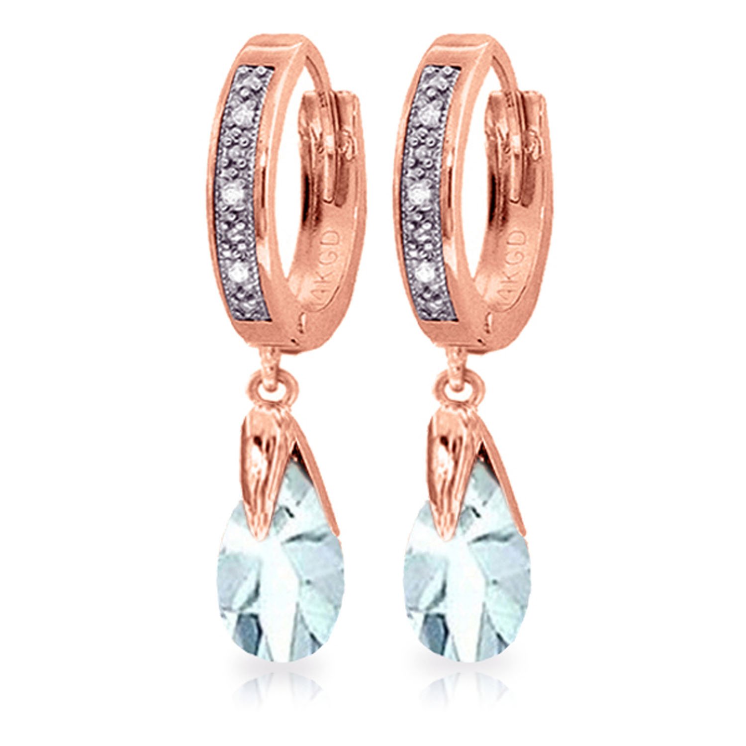 14K Rose Gold Hoop Earrings with Diamonds & Aquamarine Gemstones - Elegant Dangle Earrings for Women, Perfect for Weddings, Parties & Special Occasions