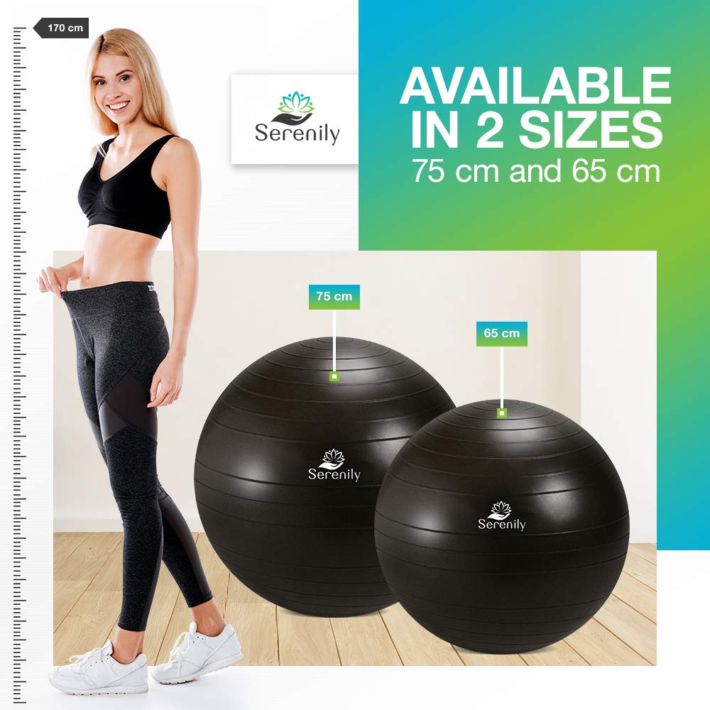 Serenily Exercise Ball for Yoga, Pilates, Home Gym & Office - Anti-Burst Stability Ball with Workout Guide & Pump - Perfect for Fitness, Therapy, Pregnancy & Balance Training