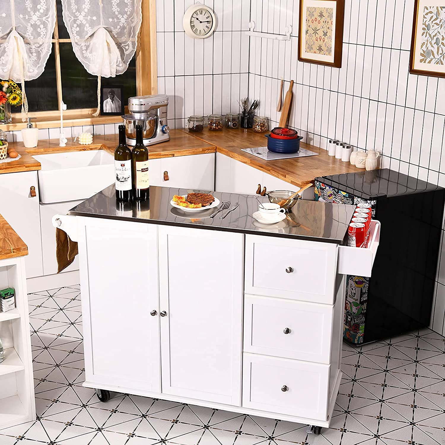 Mobile Kitchen Island Cart with Stainless Steel Top & Storage - Perfect for Small Kitchens & Dining Areas