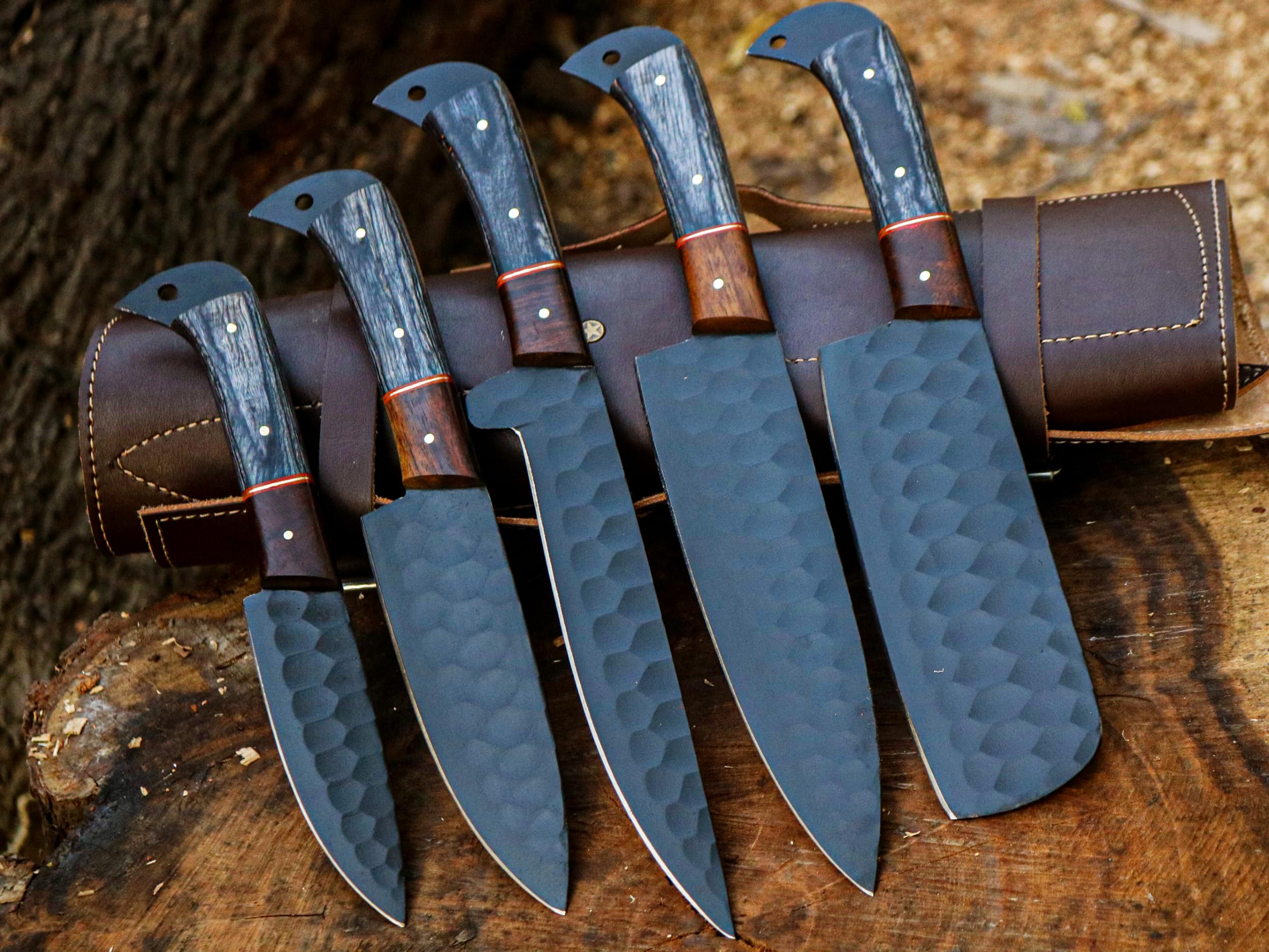 Premium PAL 2000 KNIVES CHE-2075 Handmade D2 Steel Kitchen Knife Set with Powder Coated Blade & Protective Sheath - Professional Chef Knives for Cooking, Camping, Outdoor Adventures & Home Kitchen Use