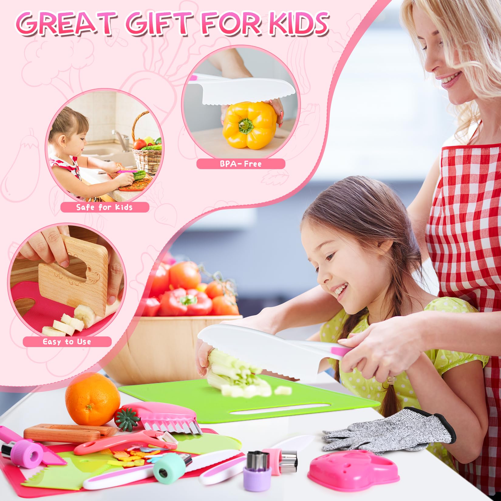 **Montessori Kids Knife Set for Real Cooking - 28PCS Toddler Kitchen Tools with Gloves & Crinkle Cutters - Safe Cooking Toys for Boys & Girls Ages 3-10 - Perfect Birthday Gift for Little Chefs - Ideal for Baking, Salad Prep & Montessori Learning Activities**