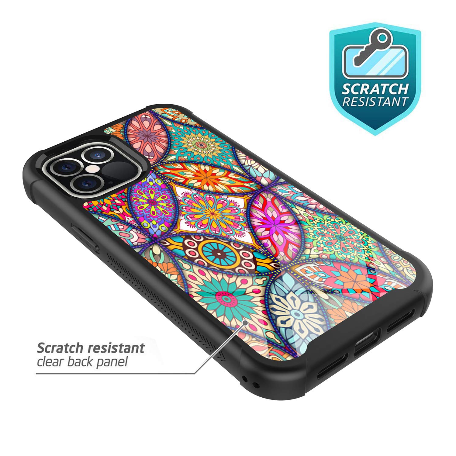 iPhone 12 Pro Max Case 6.7 Inch - Rosebono Hybrid IMD Design, Anti-Scratch Silicone Cover with Colorful Mandala Pattern | Fashion Protection for Women & Teens | Perfect for Daily Use, Work & Travel