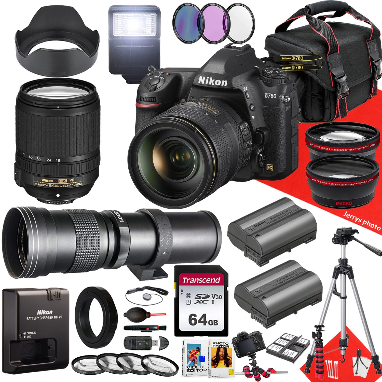 Nikon D780 DSLR Camera Bundle with 18-140mm & 420-800mm Lenses, 64GB Memory, Extra Battery, Flash, Filters & Tripod (32pc Kit) - Professional Photography for Travel, Wildlife & Events (Renewed, Black)