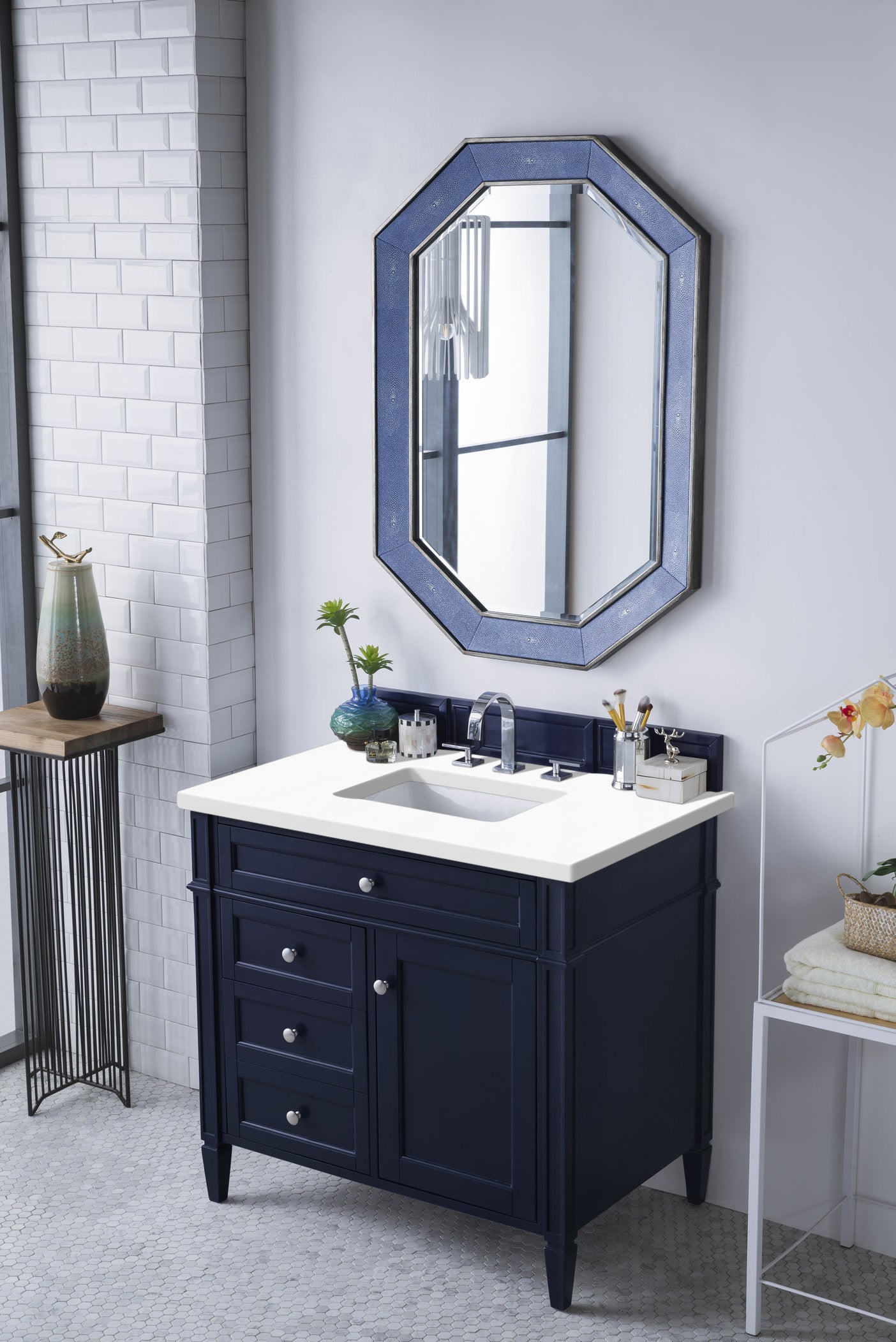 Brittany 36-Inch Single Bathroom Vanity in Victory Blue with 3CM White Zeus Quartz Countertop - Perfect for Modern Master Bathrooms & Powder Rooms