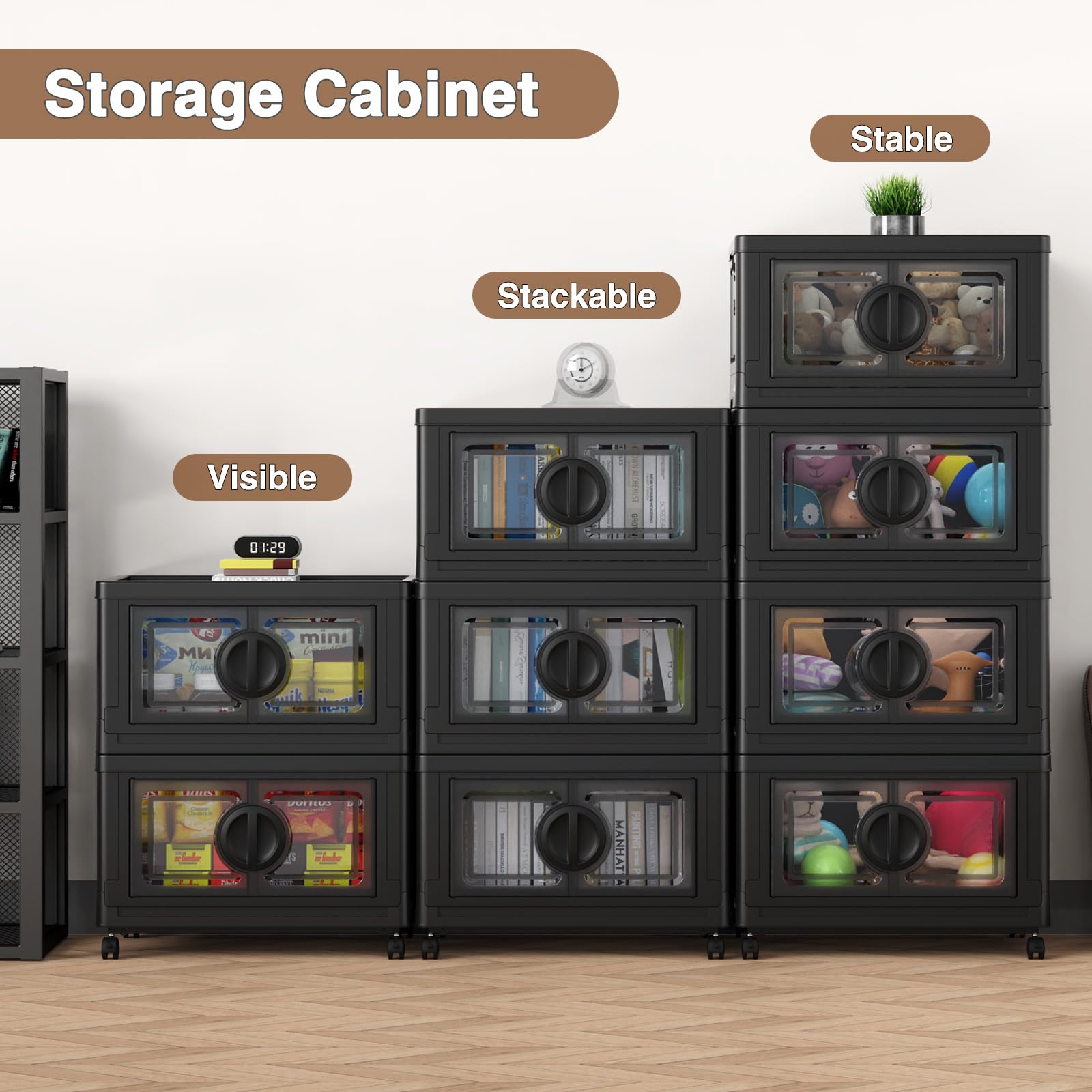 V9 112-Gallon Stackable Collapsible Storage Bins with Wheels & Lids - 4-Pack Black Plastic Organizing Bins for Closet, Home, Office, Garage - Perfect for Seasonal Storage, Toy Organization & Space Saving