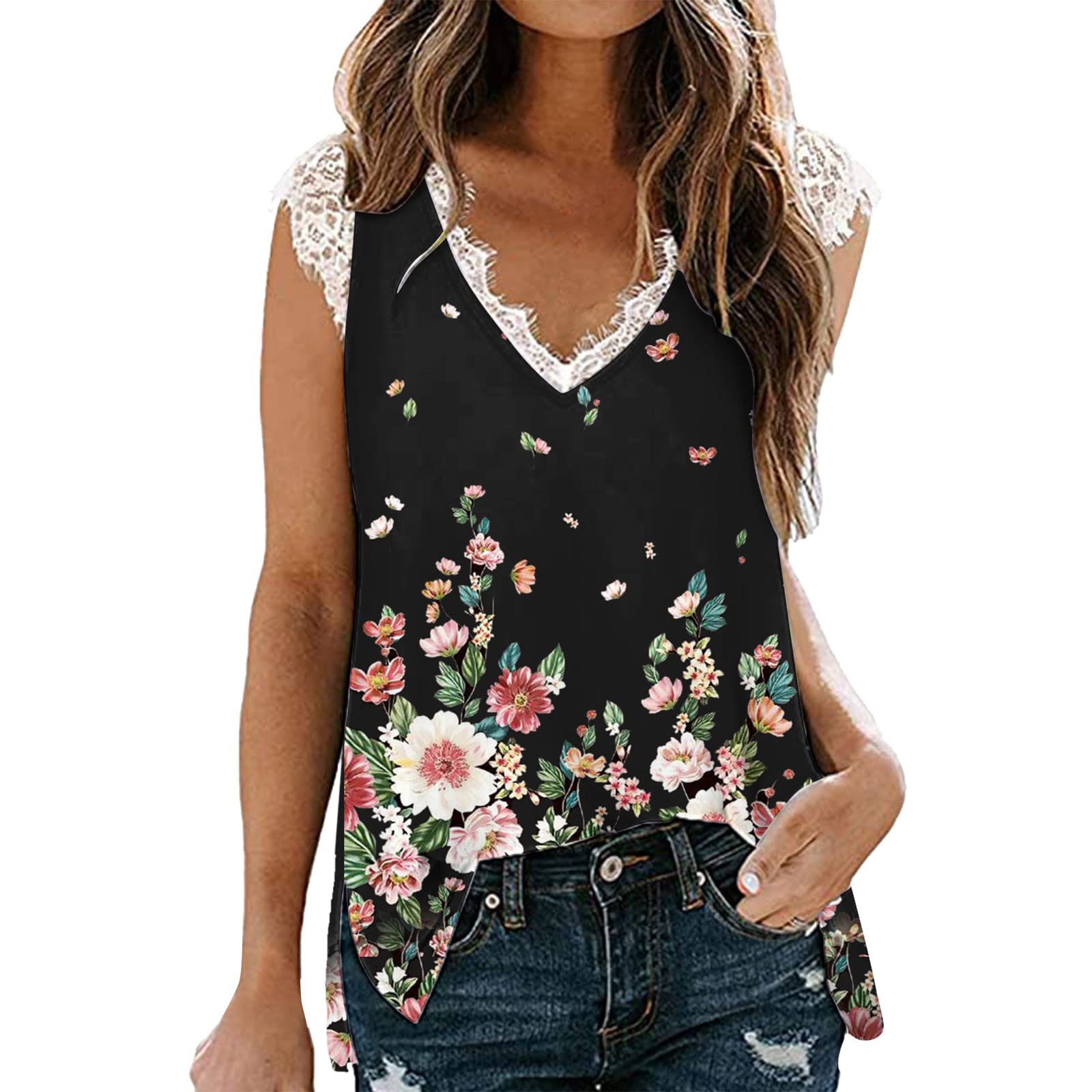 Women's V-Neck Lace Tank Tops - Summer Sleeveless Tunic Blouses & Camisoles - Loose Fit Side Split Casual T-Shirts for Beach, Yoga & Everyday Wear