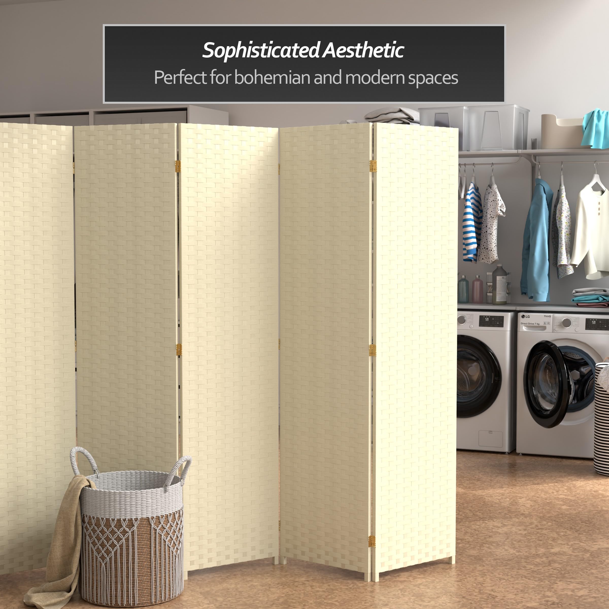 6 ft. Tall Woven Fiber Room Divider - 5 Panel Cream Folding Screen for Living Room, Bedroom & Office Privacy | Red Lantern Design Home Decor