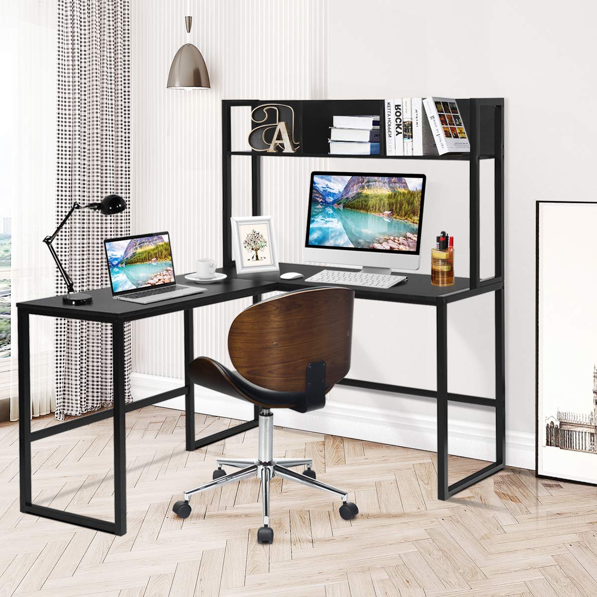 Tangkula Reversible L-Shaped Desk with Hutch - Space Saving Corner Computer Desk with Storage Shelves, Home Office Study Writing Workstation & Bookshelf - Perfect for Gaming, Remote Work & Small Spaces