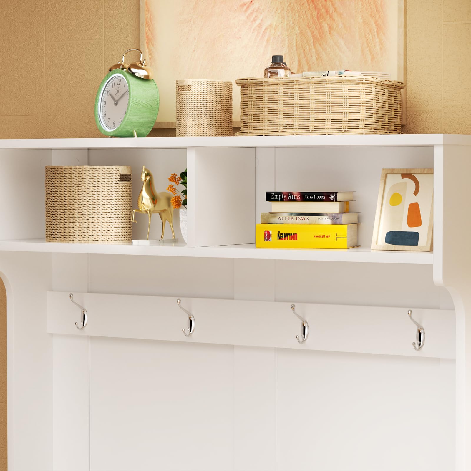 LOVMOR White Entryway Hall Tree with Shoe Storage, Coat Rack & Bench - Upholstered Shoe Storage Bench with Slide Cabinet Organizer Drawer & Adjustable Shelf | Perfect for Small Spaces, Entryway Organization & Home Decor