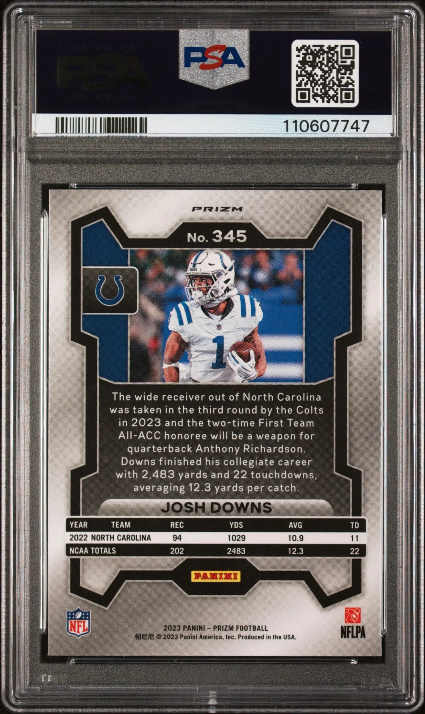 2023 Panini Prizm Football Josh Downs Rookie Card - Silver Prizm PSA 10 Gem Mint | Collectible Sports Trading Card for NFL Fans & Memorabilia Collectors | Perfect for Display, Investment, or Gifting