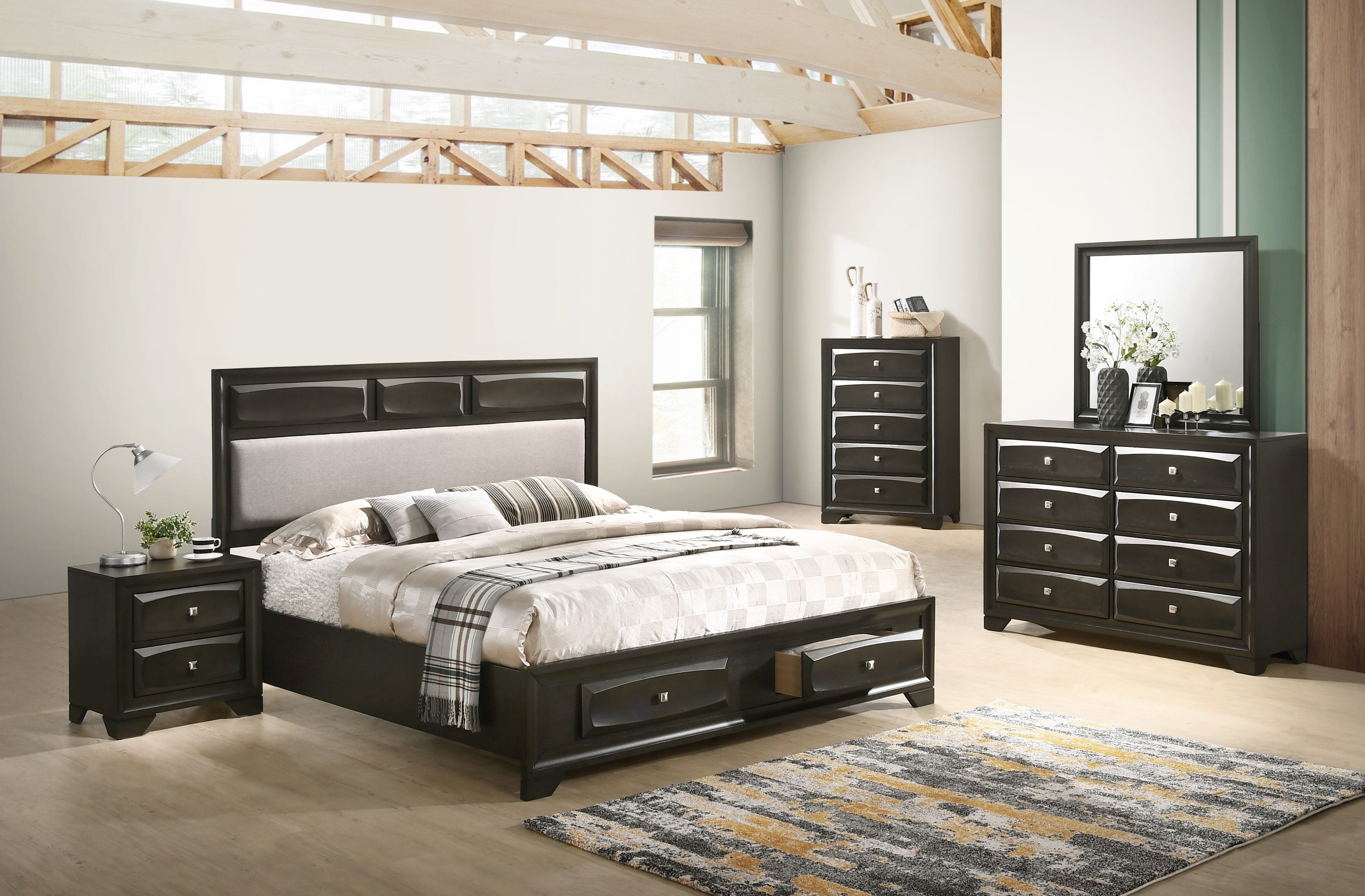 Antique Gray Wood Storage Platform Bed Frame - Queen Size Solid Oak Wooden Bed with Underbed Storage Drawers for Small Bedroom & Guest Room