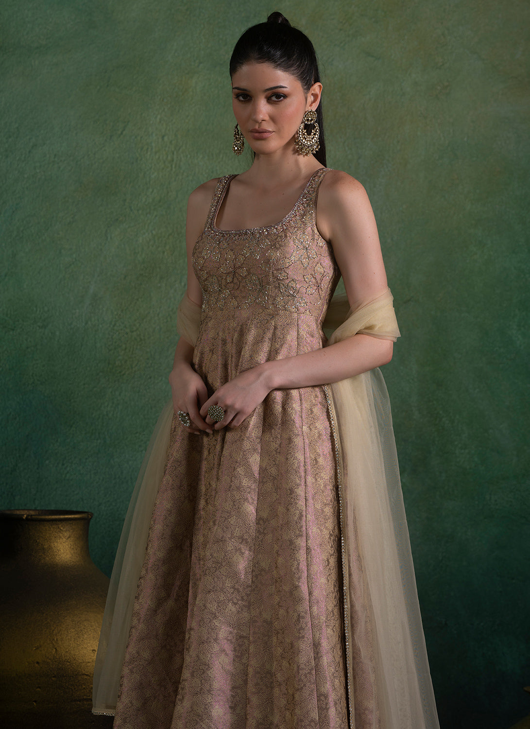 Golden Peach Embroidered Brocade Anarkali Dress - Elegant Indian Party Wear for Weddings & Festivals