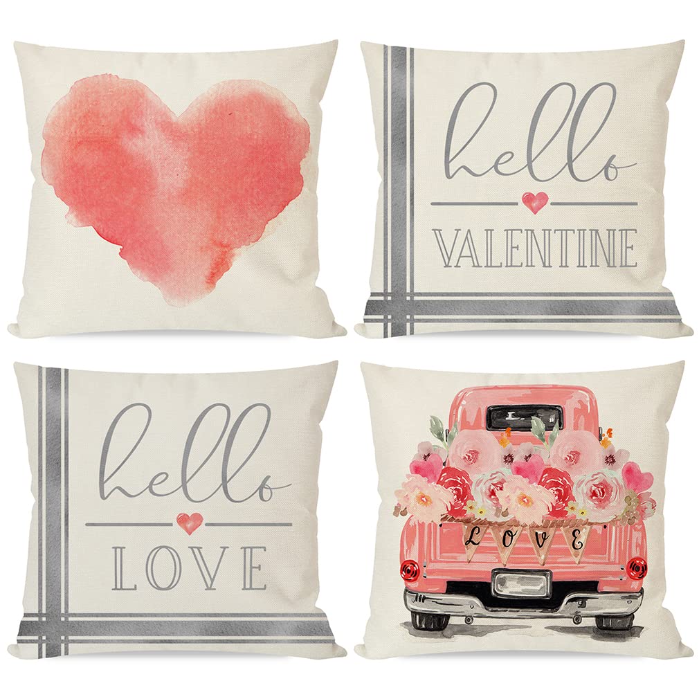 PANDICORN Valentine's Day Pillow Covers Set of 4 - 18x18 Inch Pink & Peach Heart Truck Floral Throw Pillow Cases for Couch, Bedroom Decor - Romantic Home Decor for Valentine's Gifts, Anniversary & Couples