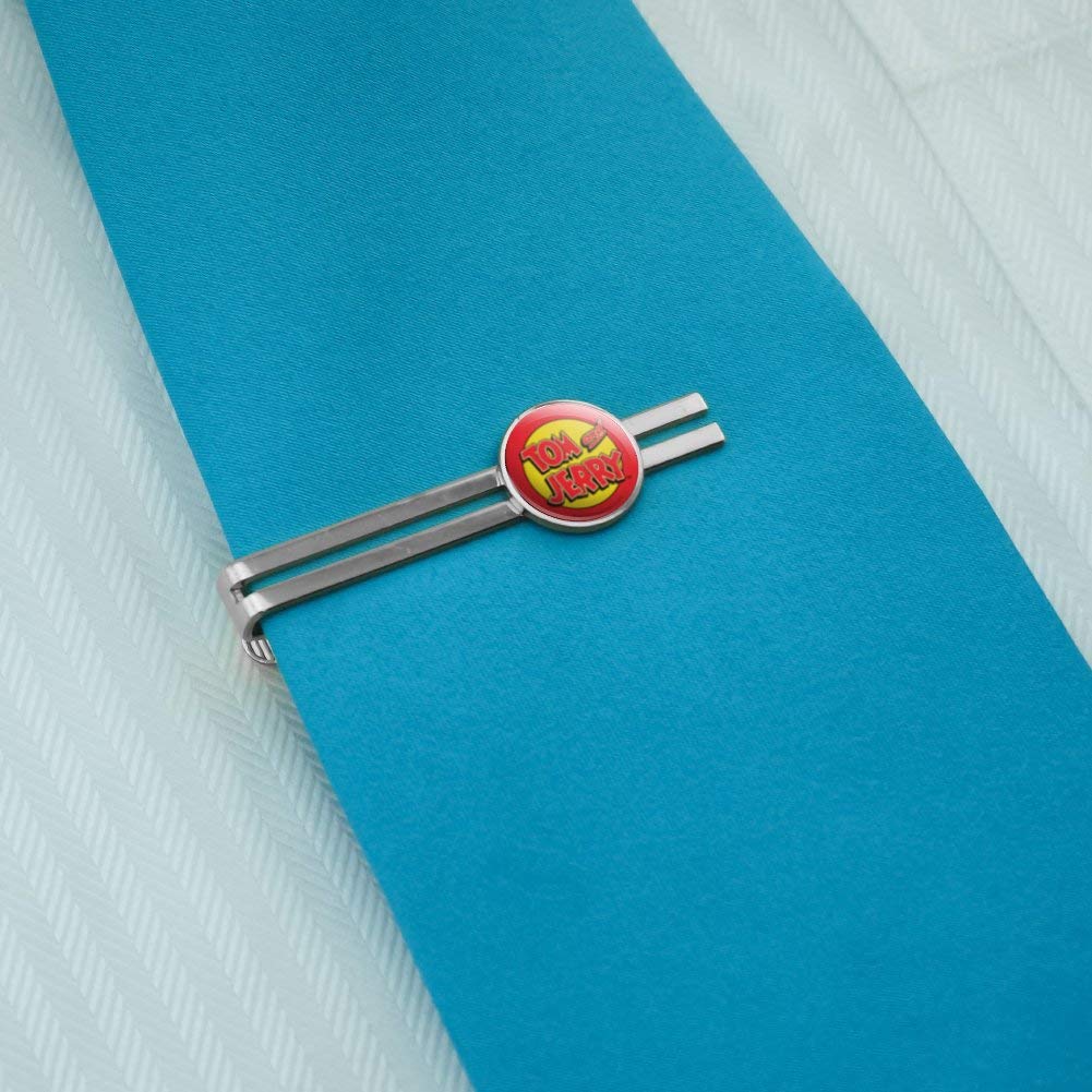 Tom and Jerry Logo Round Tie Bar Clip - Silver Plated Tie Tack for Men - Perfect for Weddings, Prom, and Formal Events