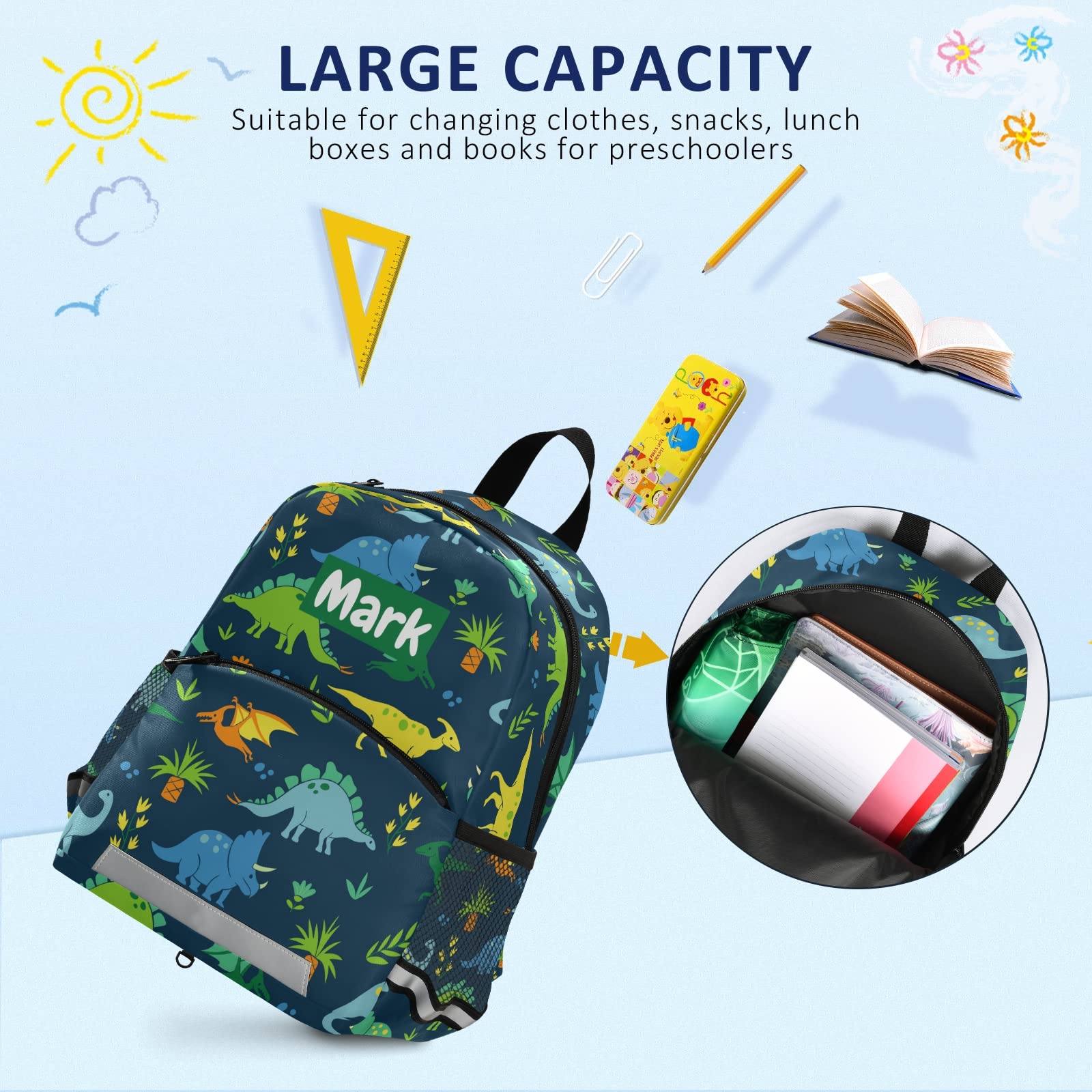 Custom Personalized Green Dinosaur Backpack for Kids - Adjustable Preschool & Toddler School Backpack for Boys & Girls with Name/Text & Chest Strap - Perfect for Daycare, Kindergarten, Travel & Outdoor Adventures