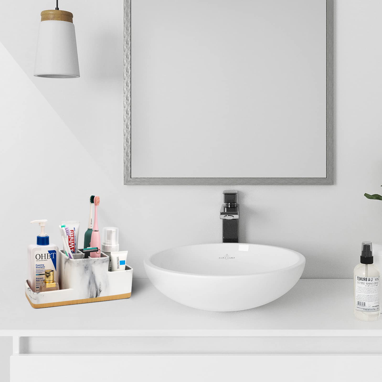 YMWVH White Resin Marble Toothbrush Holder - 5 Compartment Bathroom Organizer for Toothpaste, Razor & Essentials - Countertop Storage for Bathroom Accessories (Perfect for Small Spaces & Family Use)