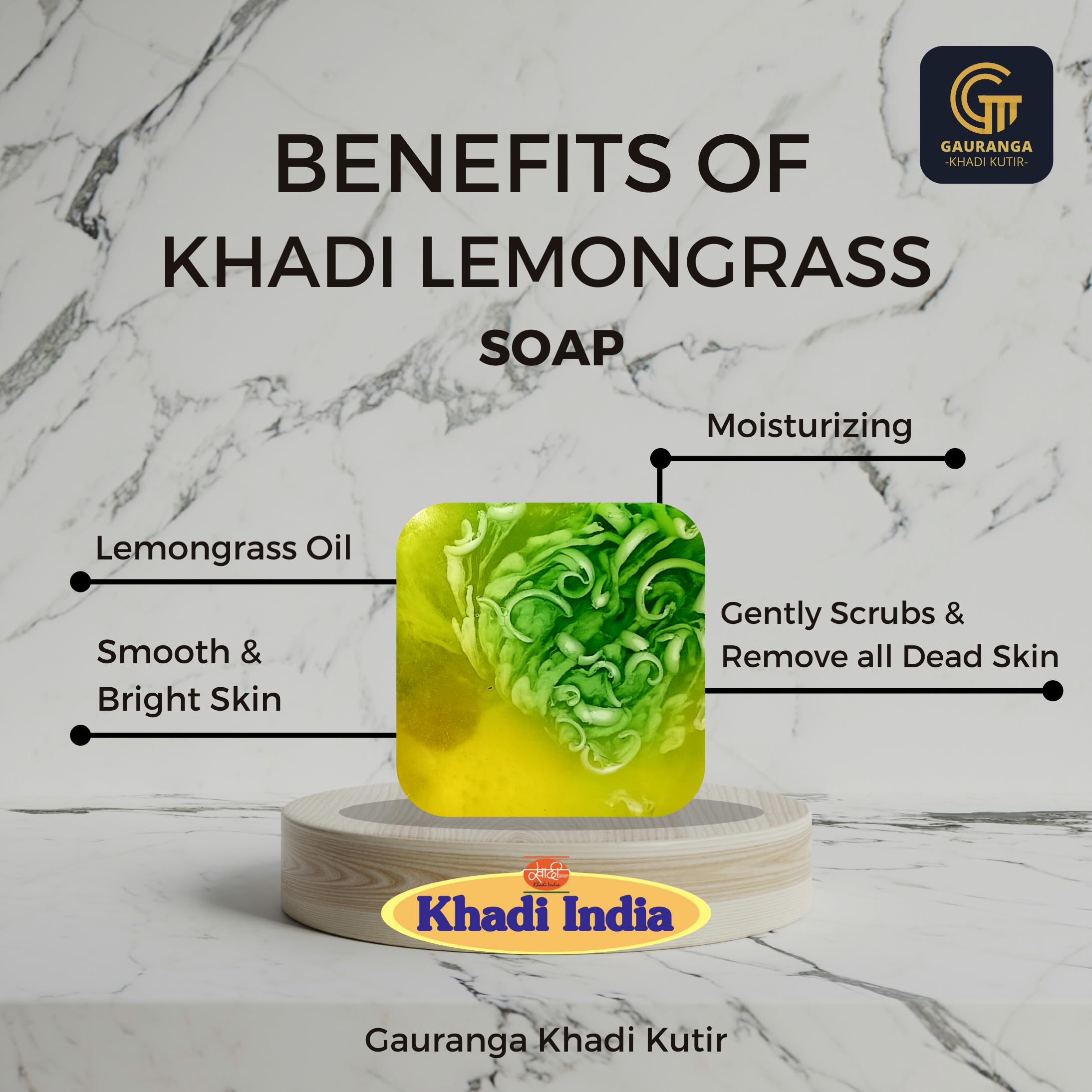 Gauranga Khadi Lemongrass Soap 150g - Natural Handmade Herbal Soap for Freshness & Oil Control - Clarifying Skin Care with Refreshing Lemongrass Scent - Vegan Bath Bar for Men & Women - Perfect for Daily Cleansing & Spa Relaxation