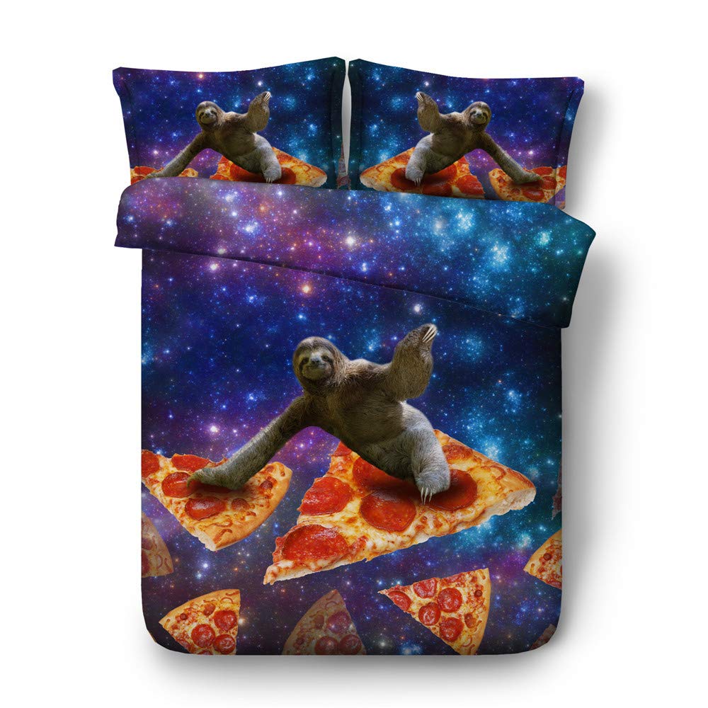 Cozy 3-Piece Sloth on Pizza & Galaxy Kids Bedding Set - Twin, Full, Queen, King Size Duvet Cover + 2 Shams (JF531) | Fun Space-Themed Bedroom Decor for Boys & Girls