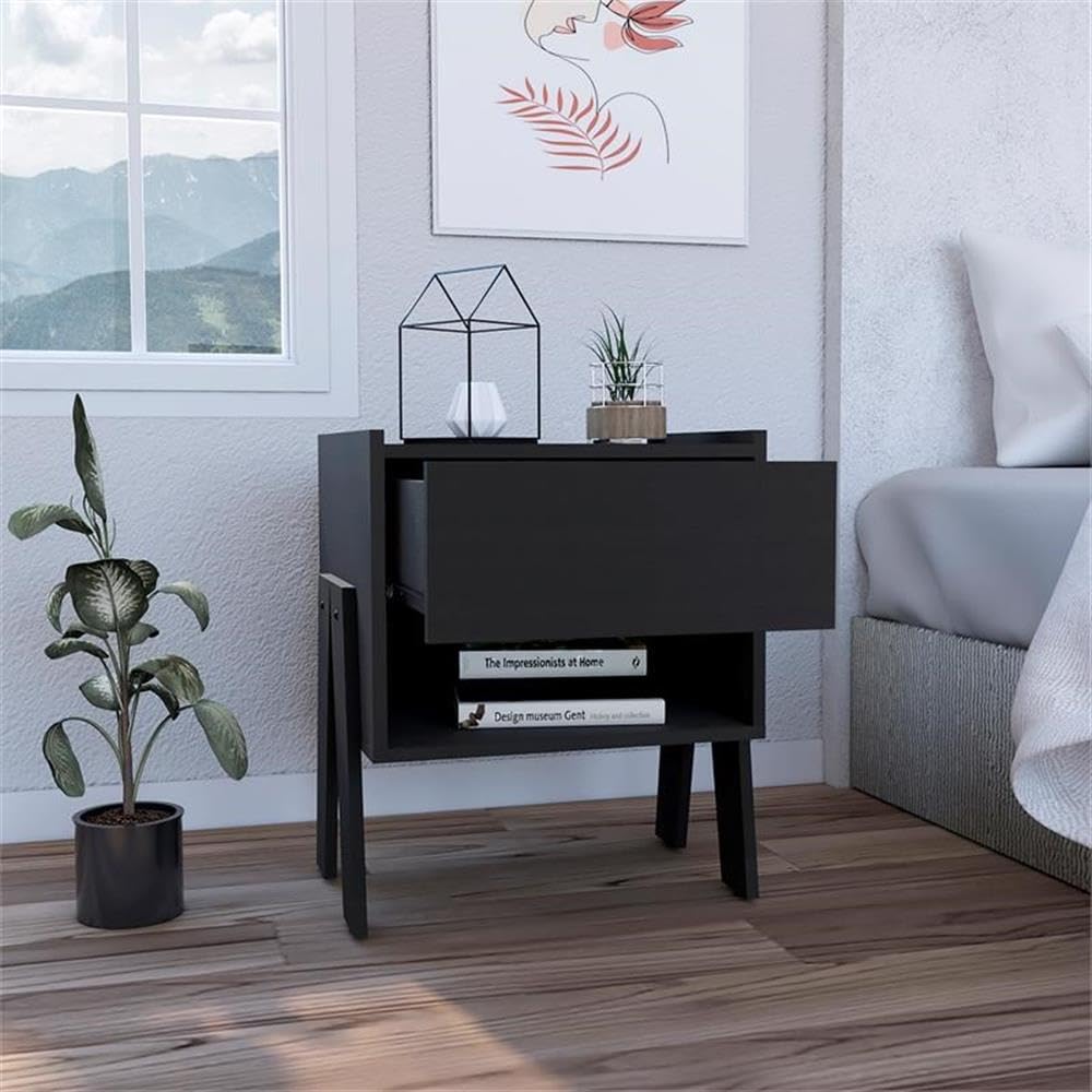 TUHOME Joy Nightstand - Black Engineered Wood Bedside Table with Storage Shelf | Perfect for Bedroom, Guest Room, or Dormitory