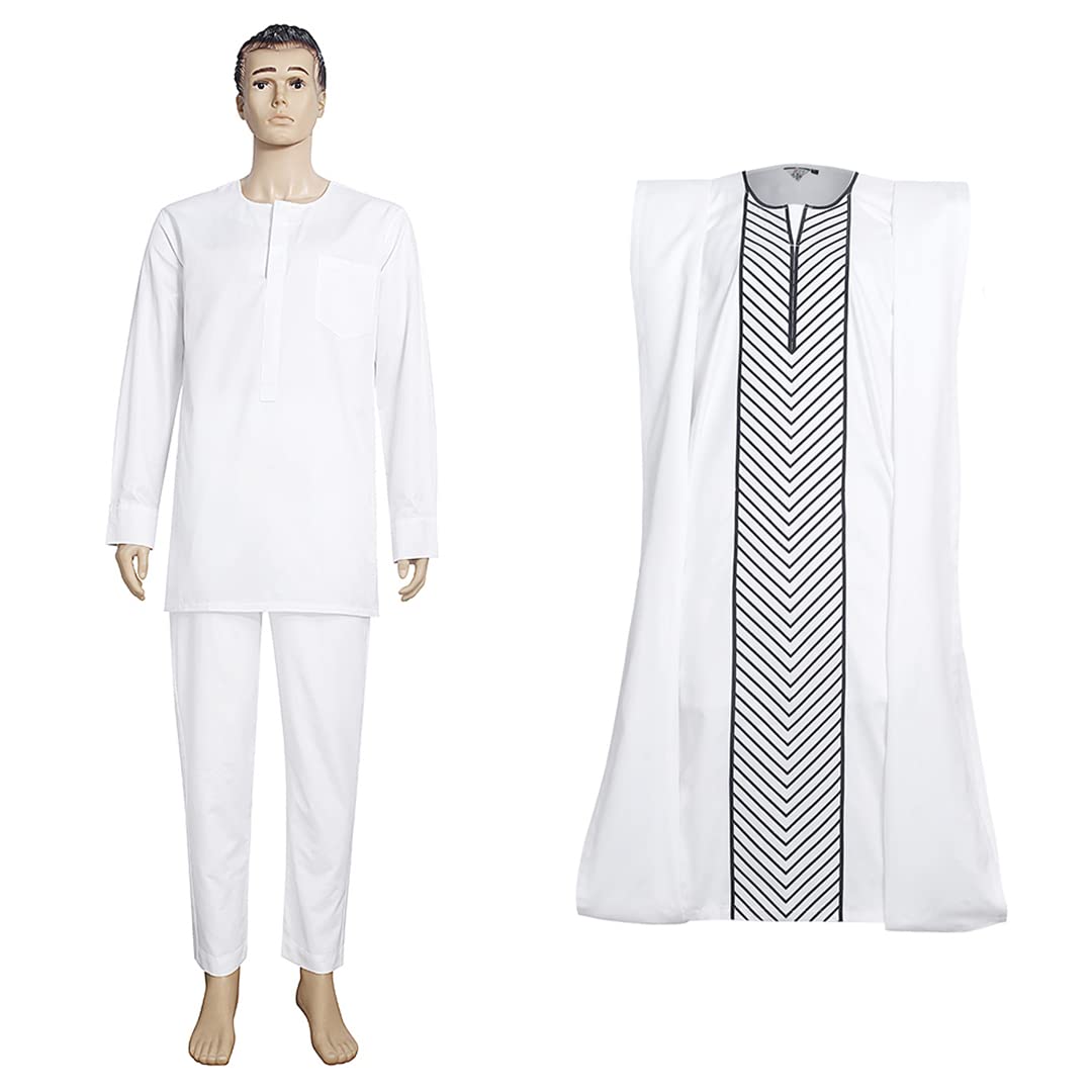 Men's African Agbada 3-Piece Outfit - Embroidered Black & White Dashiki Shirt & Pants Set for Eid Mubarak, Weddings & Special Occasions