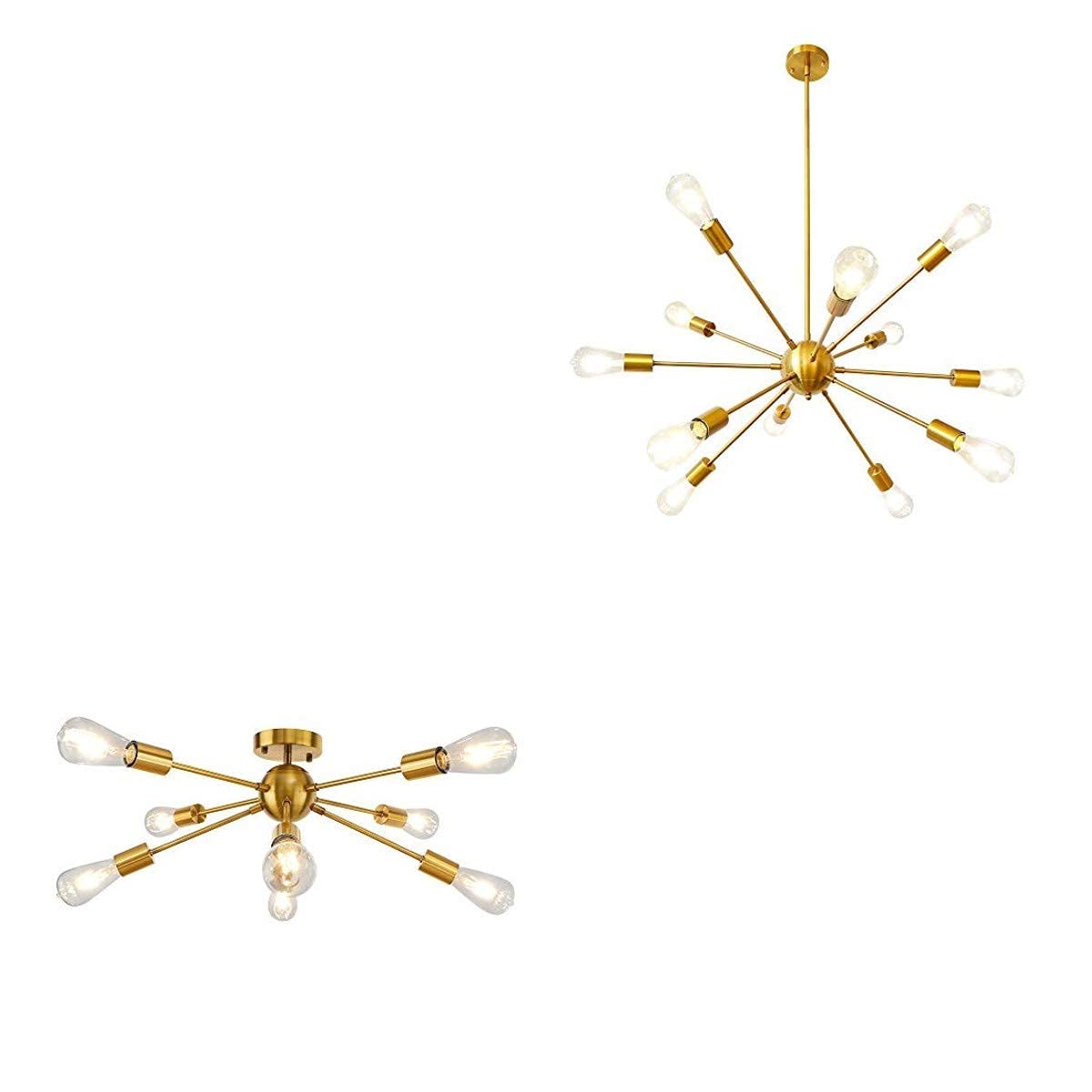 LynPon Gold Sputnik Chandelier - 12 Light & 8 Light Mid Century Modern Brass Ceiling Fixture | Vintage Industrial Pendant Lighting for Dining Room, Kitchen, Living Room, Bedroom | Perfect for Farmhouse, Loft & Retro Home Decor