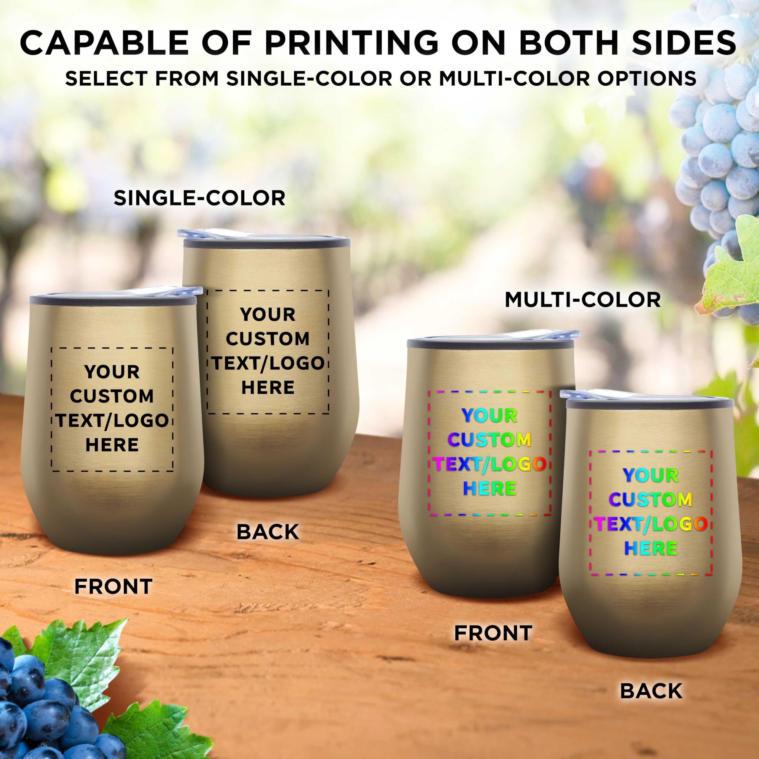 Personalized 12 oz Stemless Wine Tumblers Set of 24 - Insulated Gold Custom Drinkware for Wine, Cocktails, Hot & Cold Beverages - Perfect for Weddings, Parties, Restaurants & Corporate Events