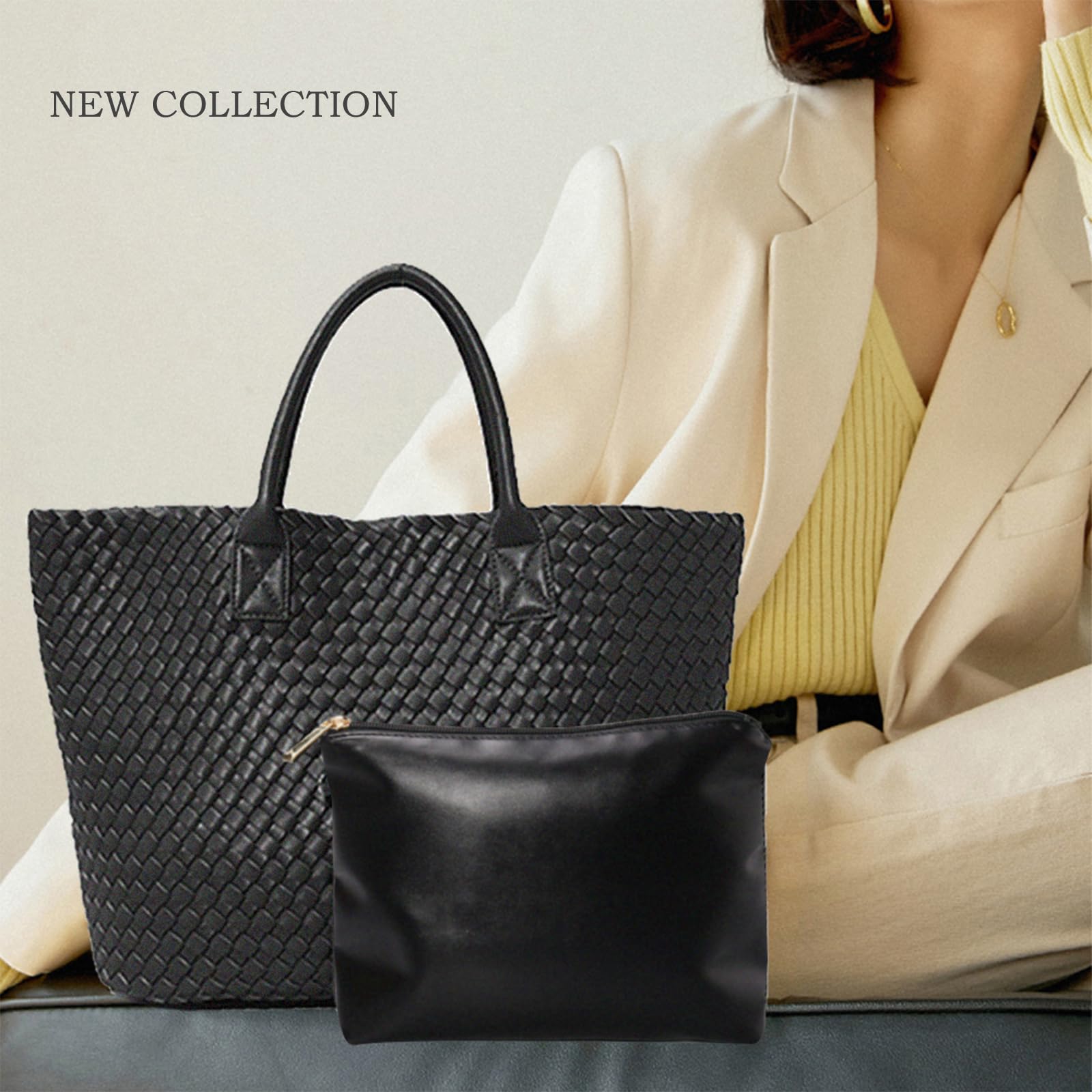 Vegan Leather Woven Tote Bag for Women - Large Capacity Fashion Shopper Handbag, Travel Shoulder Bag | Perfect for Work, Shopping & Travel Accessories