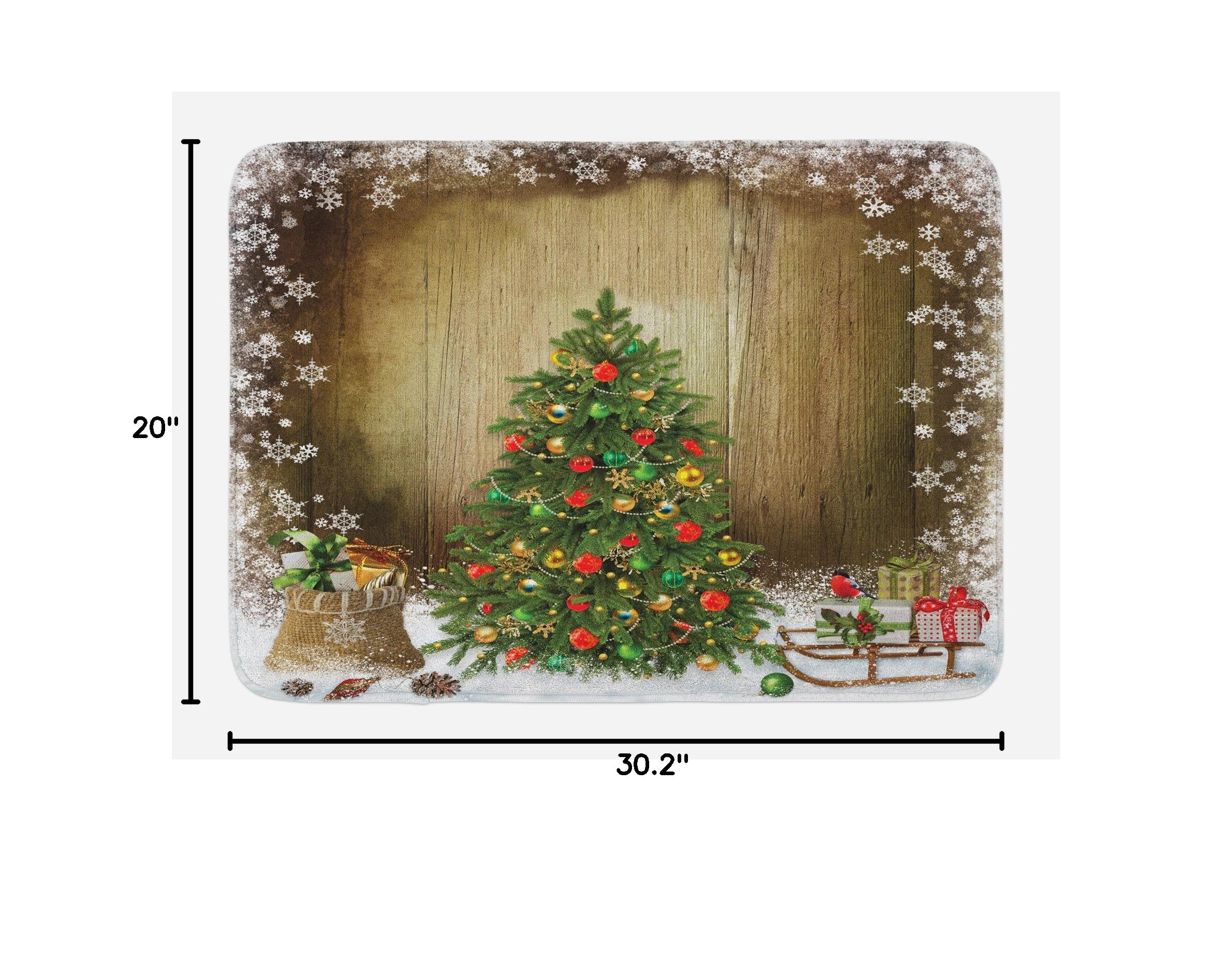 Ambesonne Christmas Bath Mat - Non-Slip Plush Pine Tree Design with Present Boxes on Snowy Board, Countryside Xmas Theme, 30.2