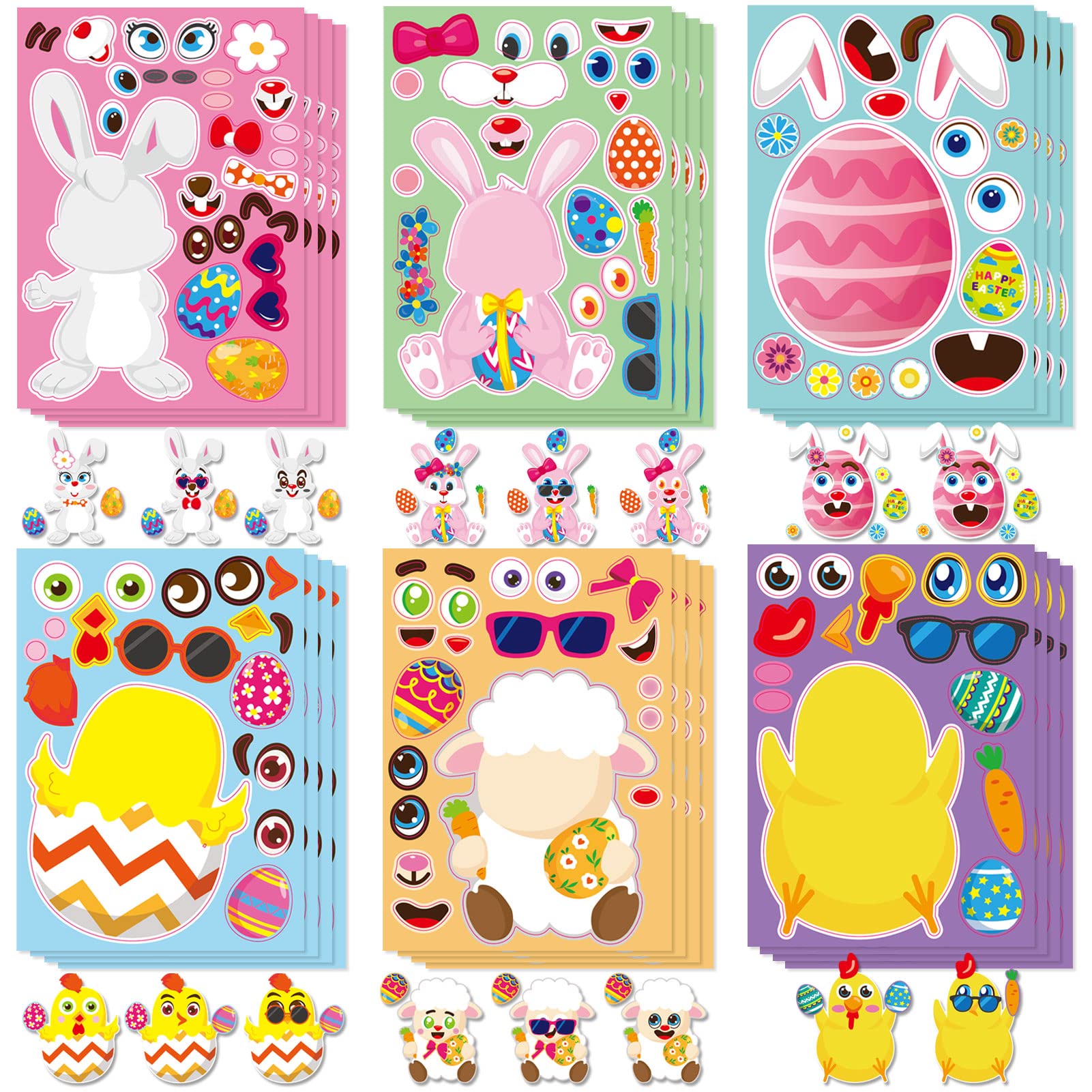 GonLei 24pcs Easter Stickers for Kids - DIY Make-a-Face Farm Animal Stickers (Rabbit, Chicks, Sheep) - Fun Easter Egg Decorations for Classroom Activities, Party Favors & Family Crafts - Perfect for Easter Celebrations, School Projects & Holiday DIY Decor