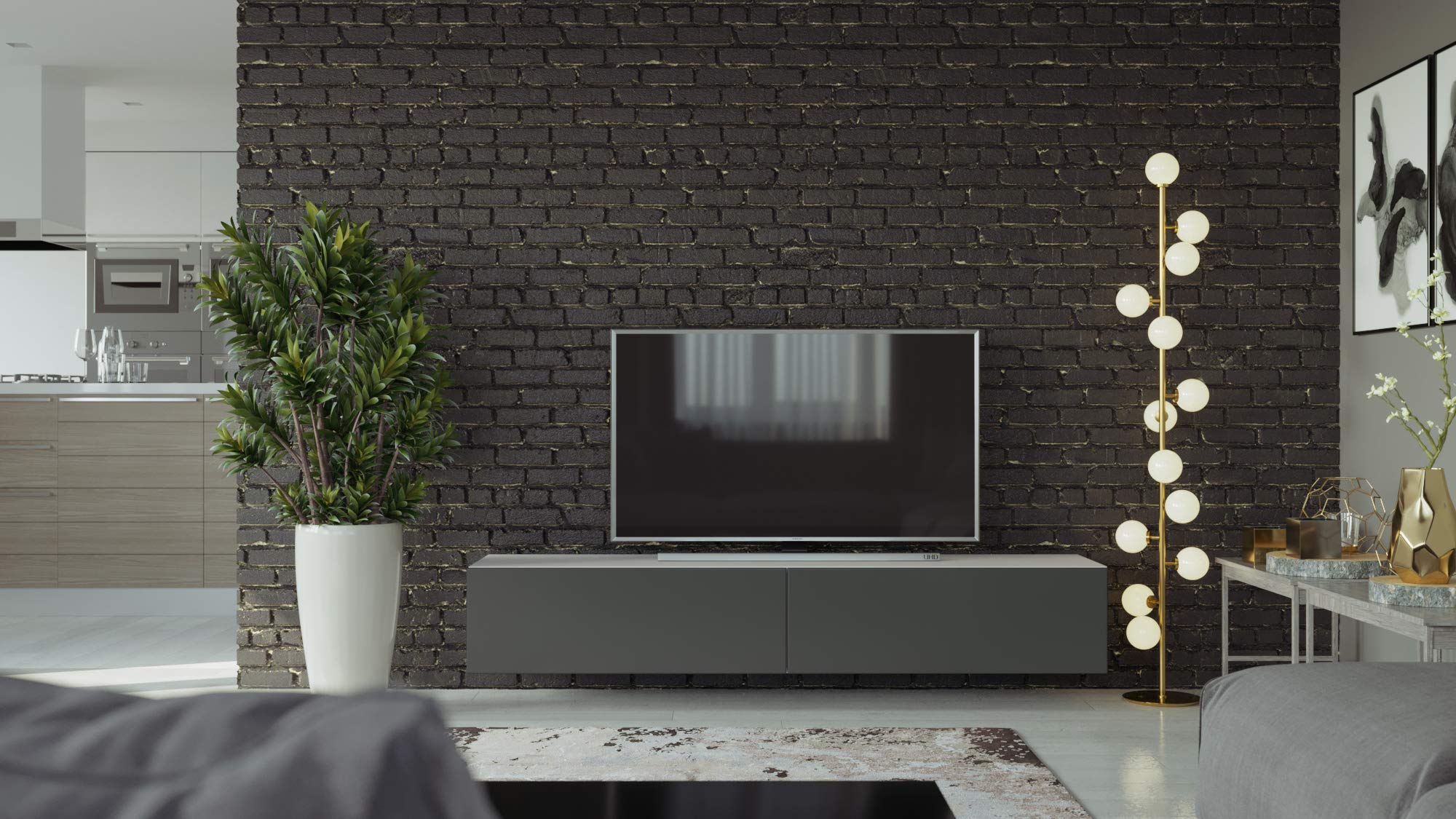 VIGO Modern TV Stand for 55-75 Inch TVs - White/Graphite Finish - Entertainment Center with Storage Shelves for Living Room, Bedroom & Home Theater
