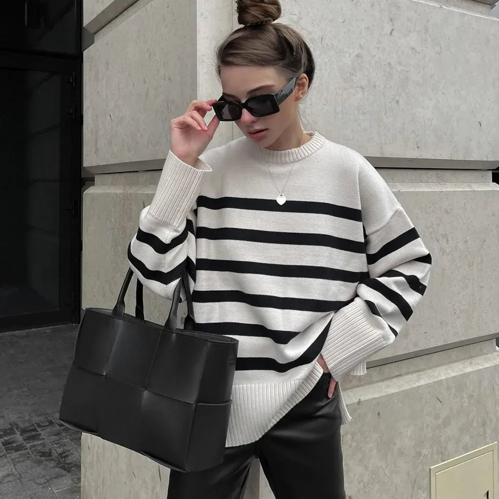 Women's Oversized Striped Knit Pullover Sweater - Casual Loose Fit Thick Winter Jumper for Autumn & Cold Weather - Cozy Layering for Work, Travel & Home