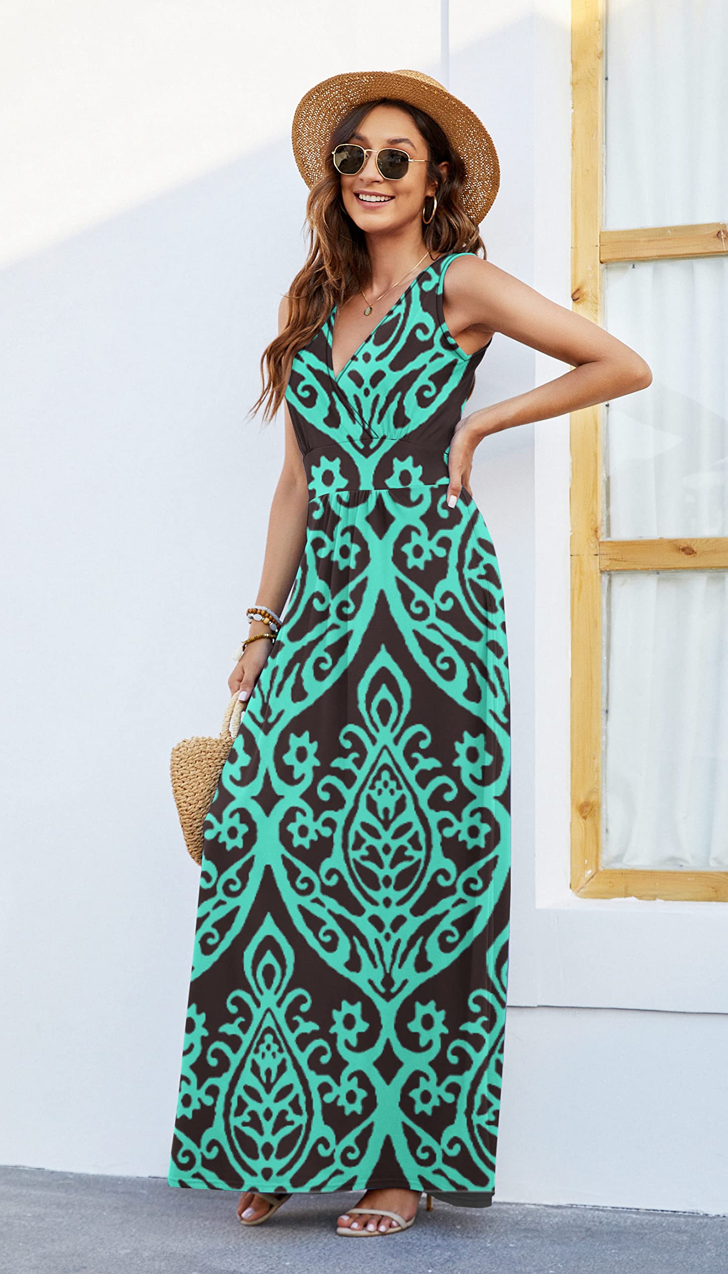 AUSELILY Women's Sleeveless Deep V Neck Formal Maxi Dress with Pockets - Elegant Loose Plain Cocktail Long Dress for Evening Parties, Weddings & Special Occasions - 2025 New Collection