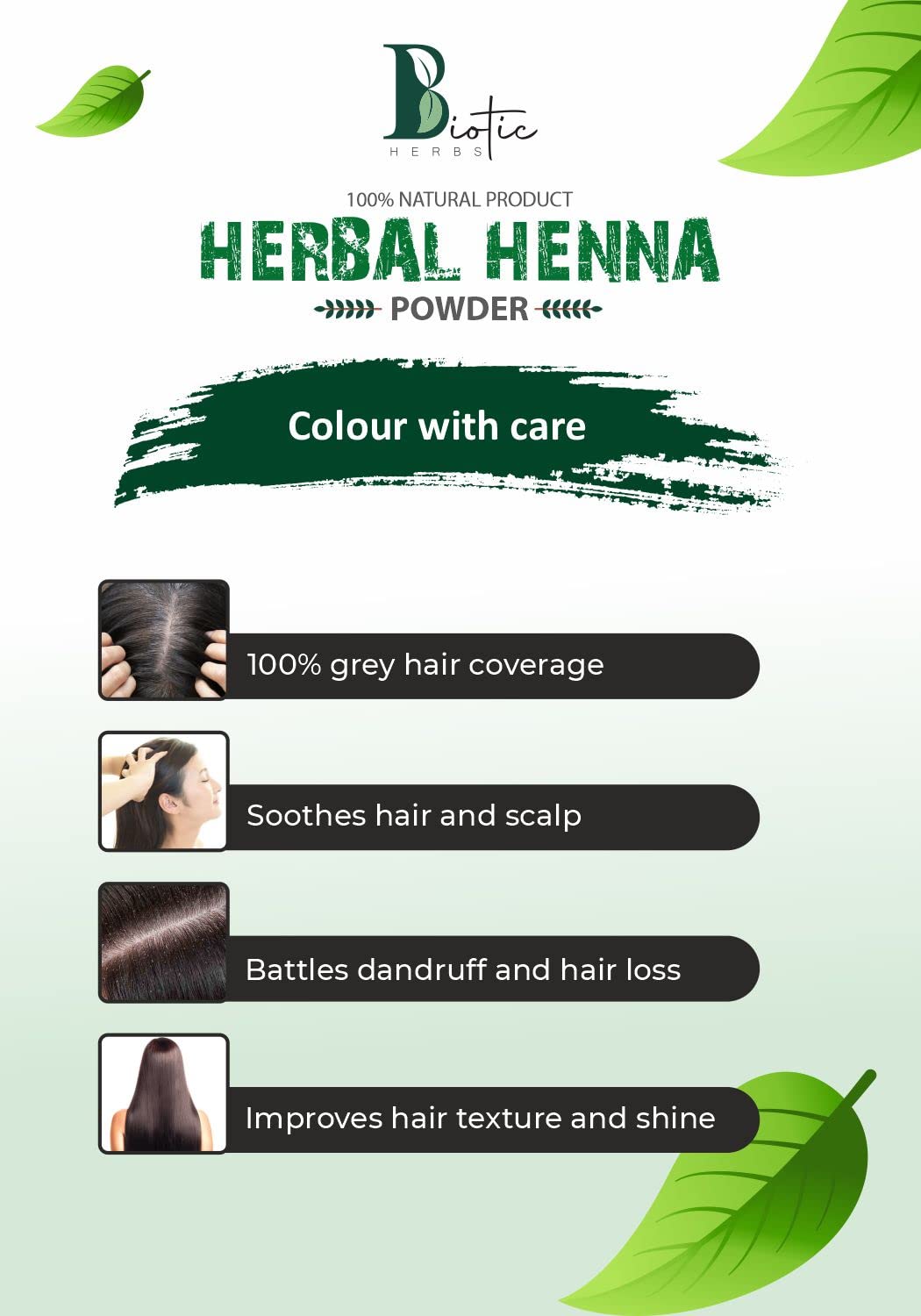 Biotic Herbs 100% Natural Organic Henna Powder for Hair Color & Growth - Reddish Brown Hair Dye (100g) | Safe Chemical-Free Hair Treatment for Natural Coloring, Conditioning & Styling at Home