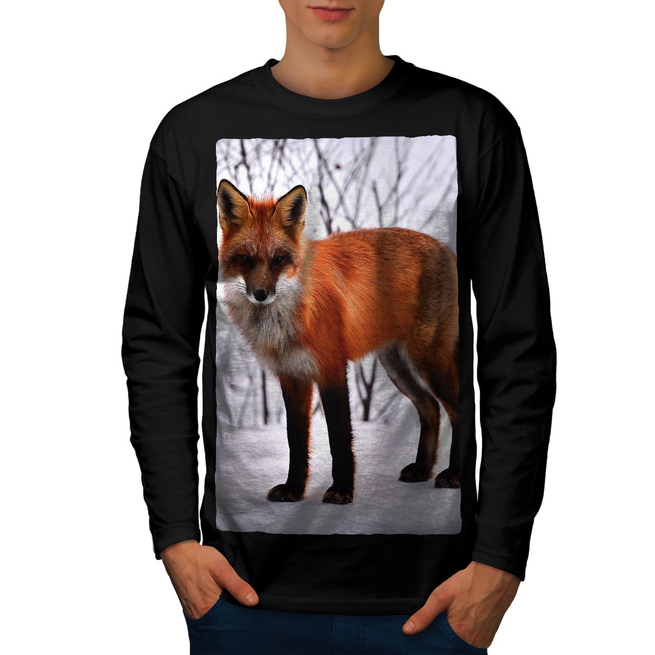 Wellcoda Fox Winter Animal Print Men's Long Sleeve Graphic T-Shirt - Cozy Casual Wear for Outdoor Adventures & Holiday Gatherings