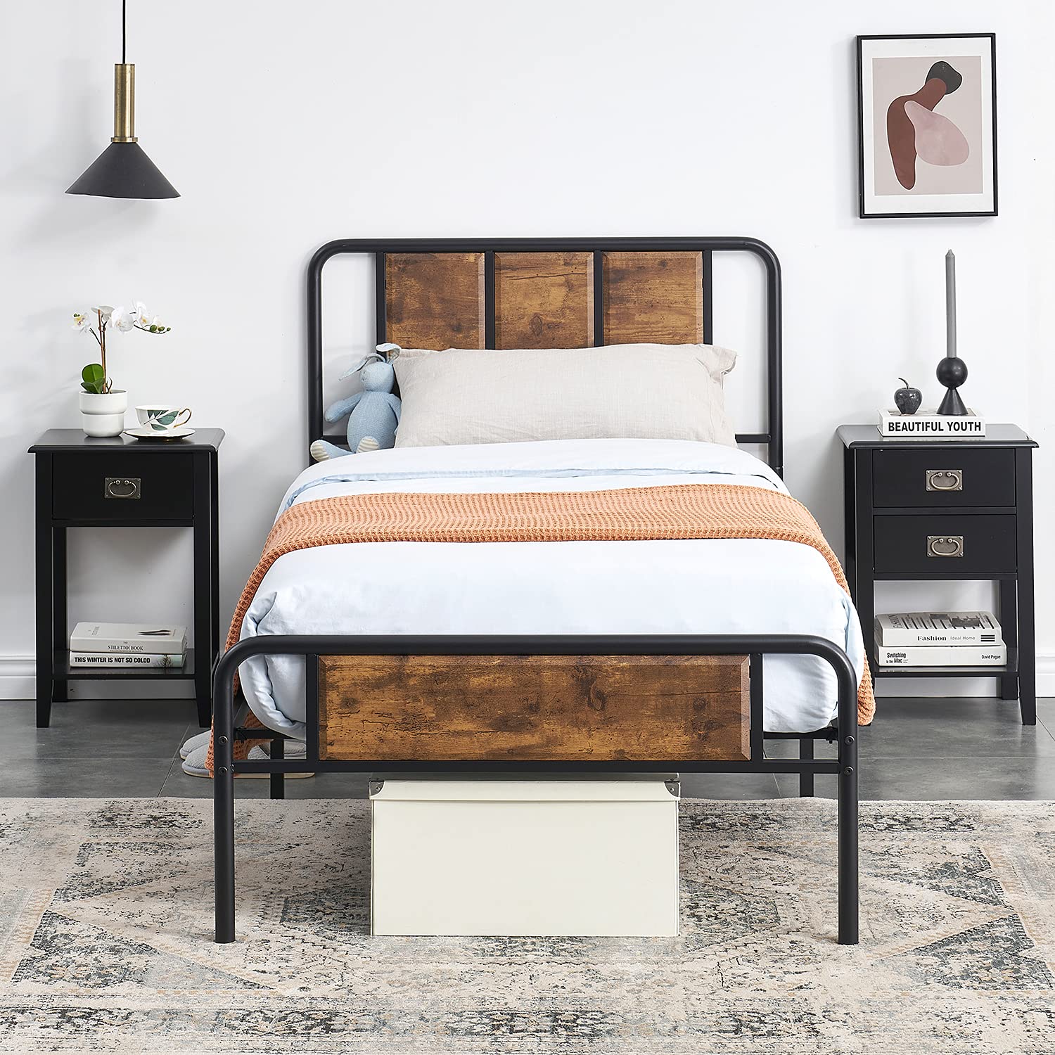 VECELO Twin Size Bed Frame with Wooden Headboard & Metal Slats - Sturdy Metal Platform Bed Frame, No Box Spring Required - Vintage Brown Finish - Perfect for Small Bedrooms, Guest Rooms & Dormitories