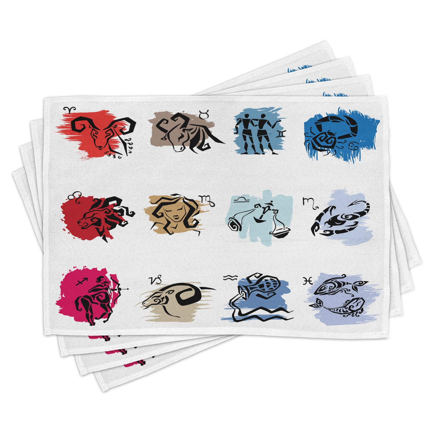 Ambesonne Zodiac Placemats Set of 4 - 12 Astrological Signs with Brushstroke Design for Horoscope & Birth Calendar - Washable Fabric Table Mats for Dining Room & Kitchen Decor - Multicolor - Perfect for Dinner Parties & Astrology-Themed Home Decor