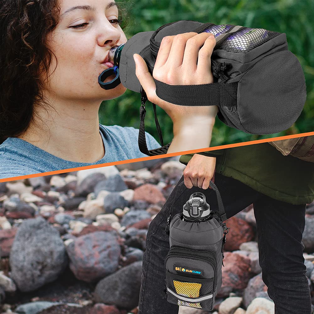 Insulated Water Bottle Carrier Bag with Adjustable Strap & Phone Pocket - SUN CUBE Crossbody Bottle Holder for 40oz/64oz - Perfect for Hiking, Gym, Travel & Outdoor Activities