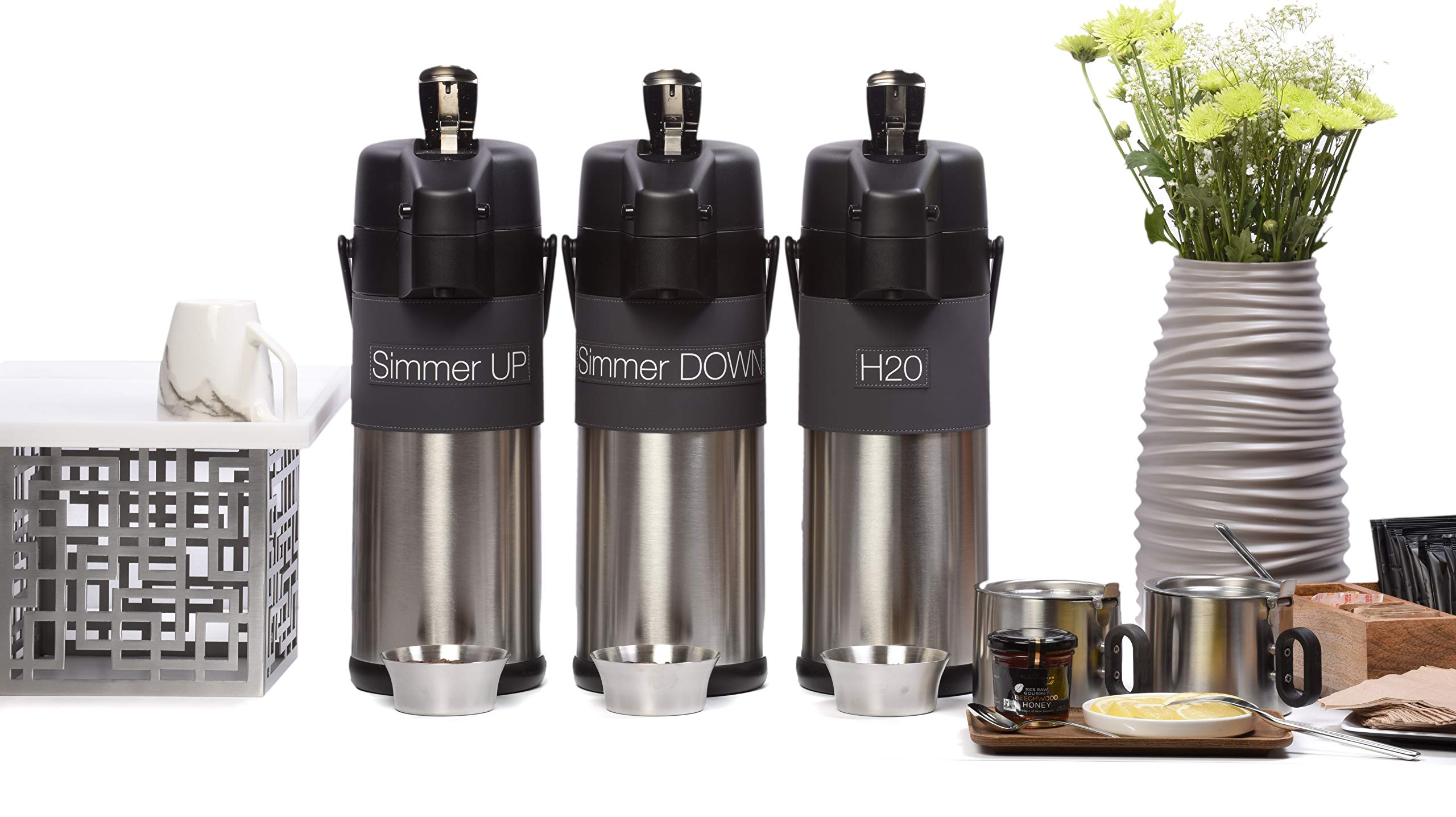 IMPULSE! 3L Double Wall Stainless Steel Airpot Coffee Tea Dispenser - Insulated Hot & Cold Beverage Server with Grey Soy Milk Wrap - Perfect for Office, Cafes, and Catering Events