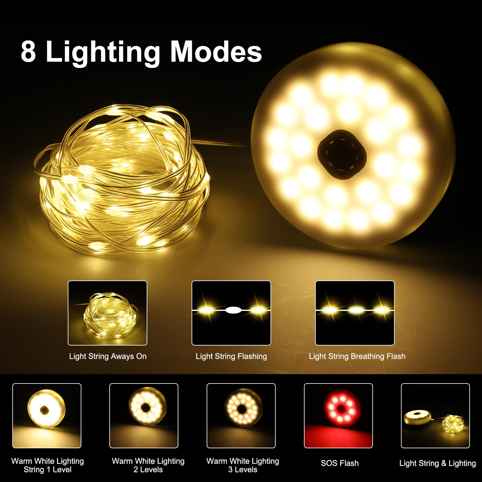 SMY Lighting 4-in-1 Solar Camping String Lights - 42.6Ft Ultra Long Outdoor String Lights with 160 Bright LEDs, Solar Powered & USB Rechargeable, Remote Control Included - Perfect for Camping, Hiking, Backyard, Patio, Garden, and Party Decorations
