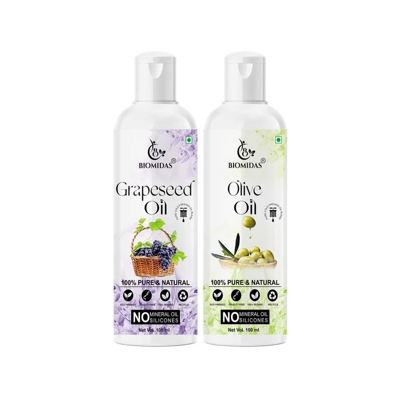 Biomidas 100% Pure Grapeseed Oil & Olive Oil Combo (100ML Each) - Promotes Hair Growth, Reduces Hair Fall, Repairs Split Ends for Soft & Shiny Hair - Perfect for Daily Hair Care & Scalp Massage (Pack of 2)