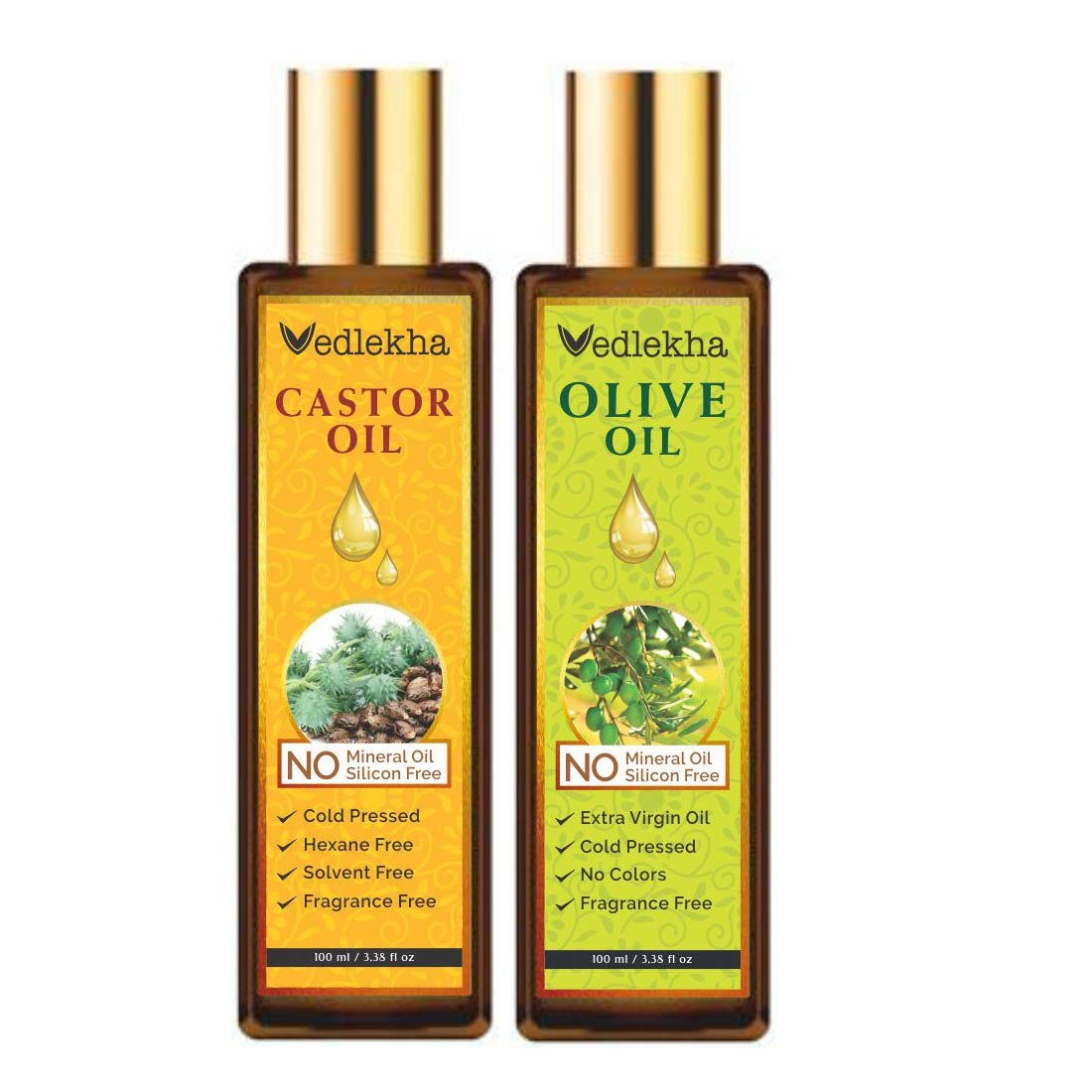 Vedlekha Cold Pressed Castor Oil & Extra Light Olive Oil Combo for Hair Growth - 100ml Each | Natural Hair Care Treatment for Thicker, Longer Hair | Perfect for Daily Scalp Massage & DIY Hair Masks