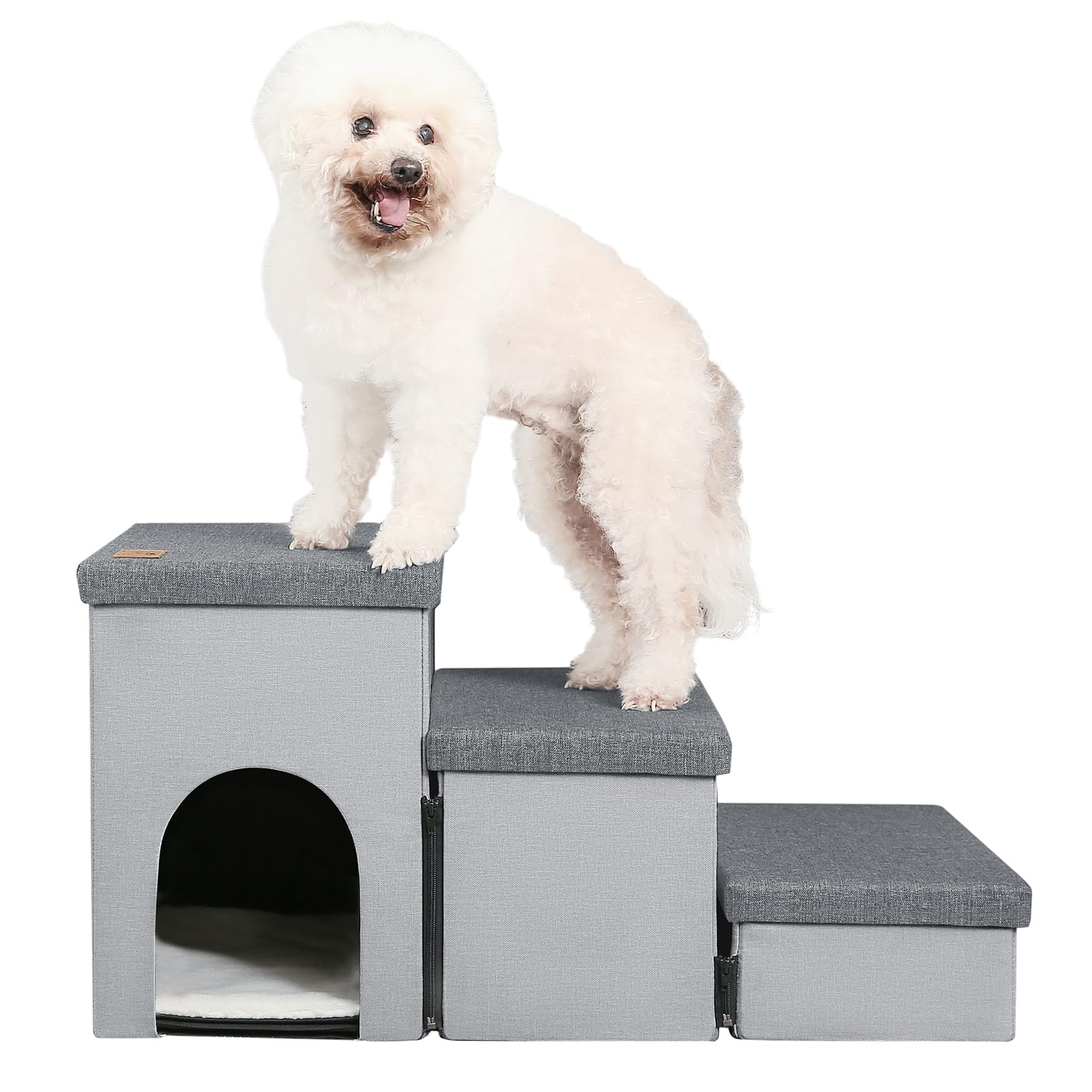 LOVTEX 3-Step Folding Pet Stairs for Small Dogs & Cats - Non-Slip Dog Steps for High Beds & Couches up to 22 Inches - Compact Storage Design with Built-in Condo - Perfect for Bedroom, Living Room & Travel (Grey/Dark Grey)
