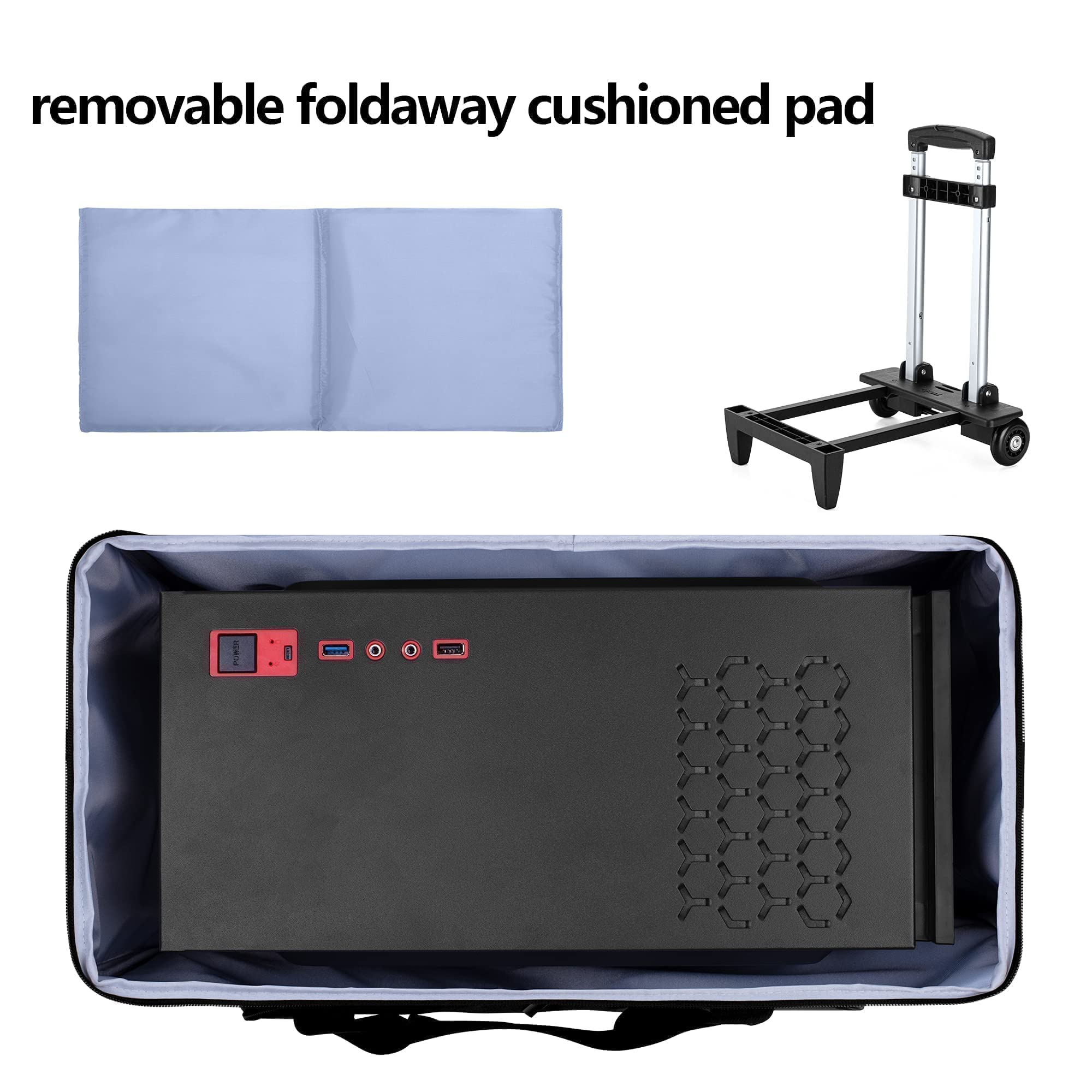 CURMIO Rolling Desktop Computer Travel Bag with Wheels - Double Layer PC Tower Carrying Case with Detachable Dolly for PC Chassis, Keyboard & Mouse - Patented Design for Office, Gaming & Business Travel
